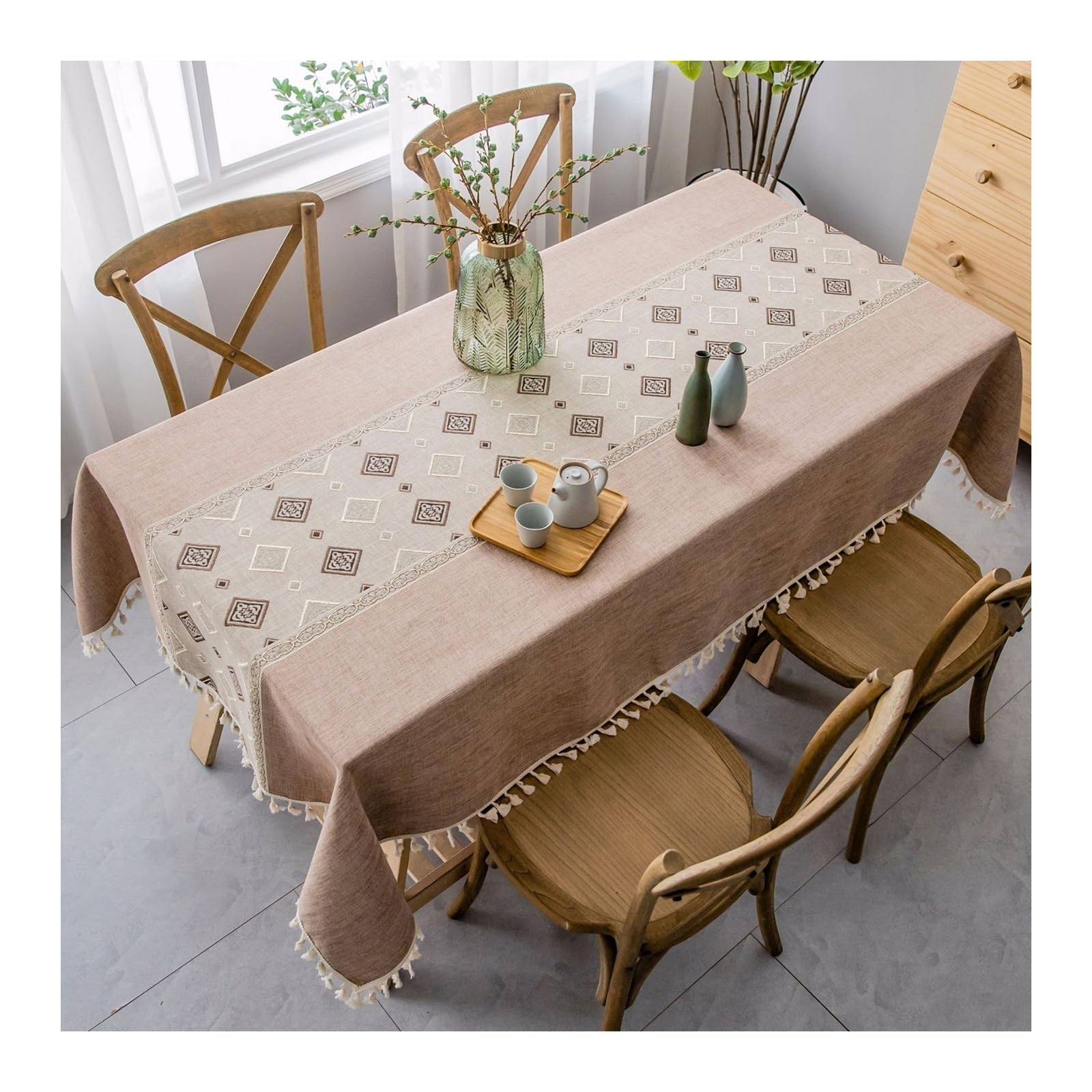 Nappe de table anti tache à carreaux et broderie vintage protection imperméable 140x200