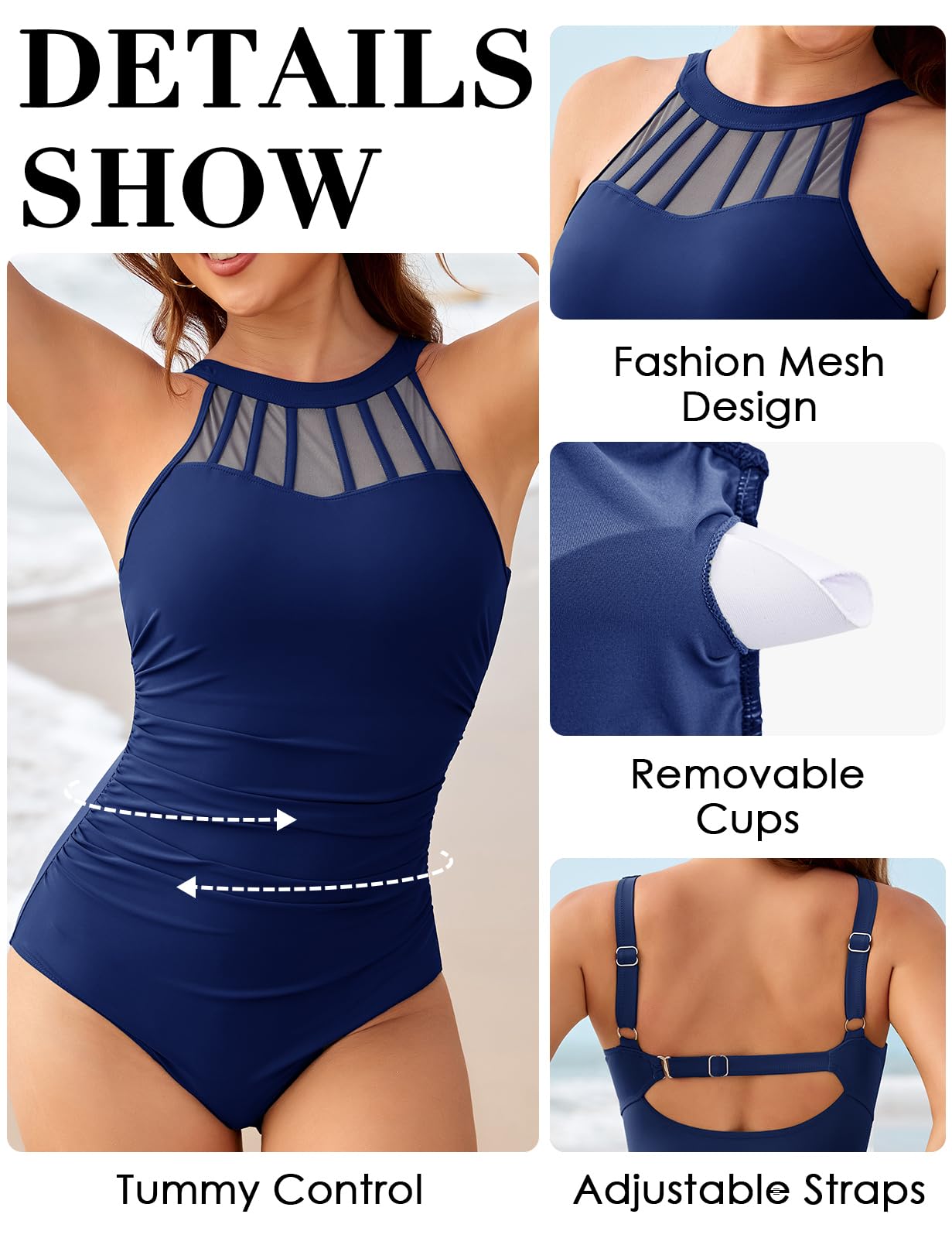 Bañador Mujer Reductor Elegancia de Una Pieza con Relleno y Malla de Cuello Alto para Swimsuit Piscinas de Playa