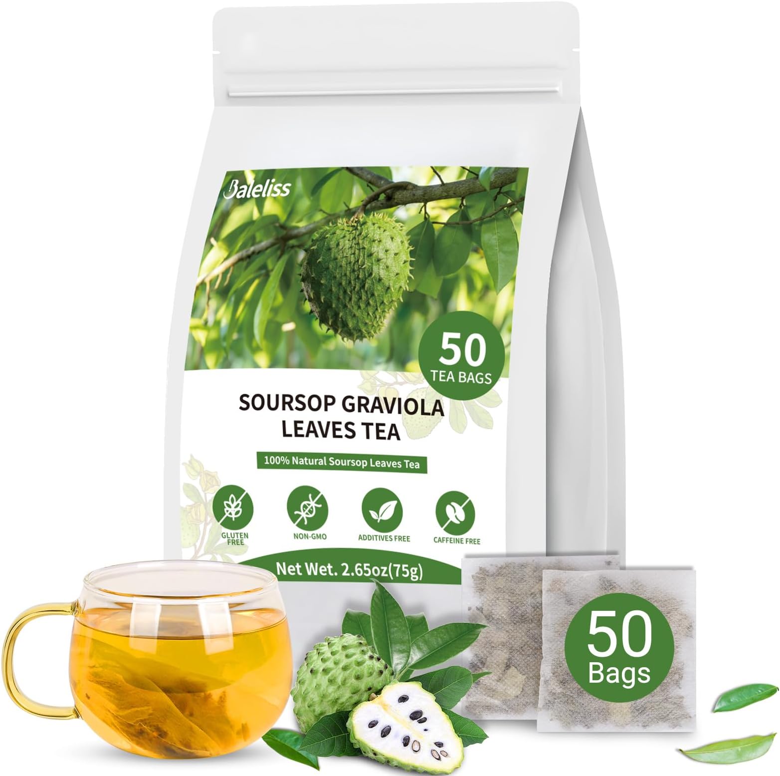 Soursop Leaves Tea Bags, Premium Soursop Graviola Leaves Herbal Tea, Pure & Natural Soursop Leaves for Digestion, Support Healthy Skin & Sleep, No Additives, Caffeine Free (50 Bags/1 Pack)