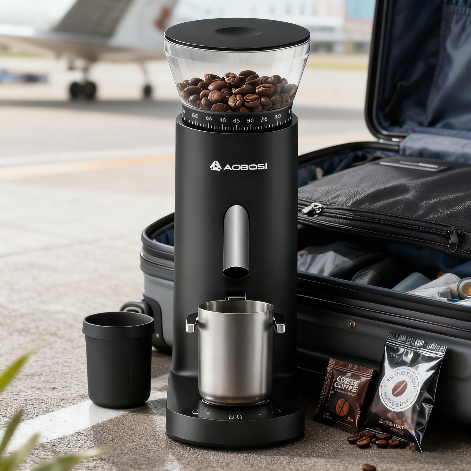 AAOBOSI Moulin à café avec support de filtre, 60 degrés de mouture, noir, expresso, français, drip, pour Over Press
