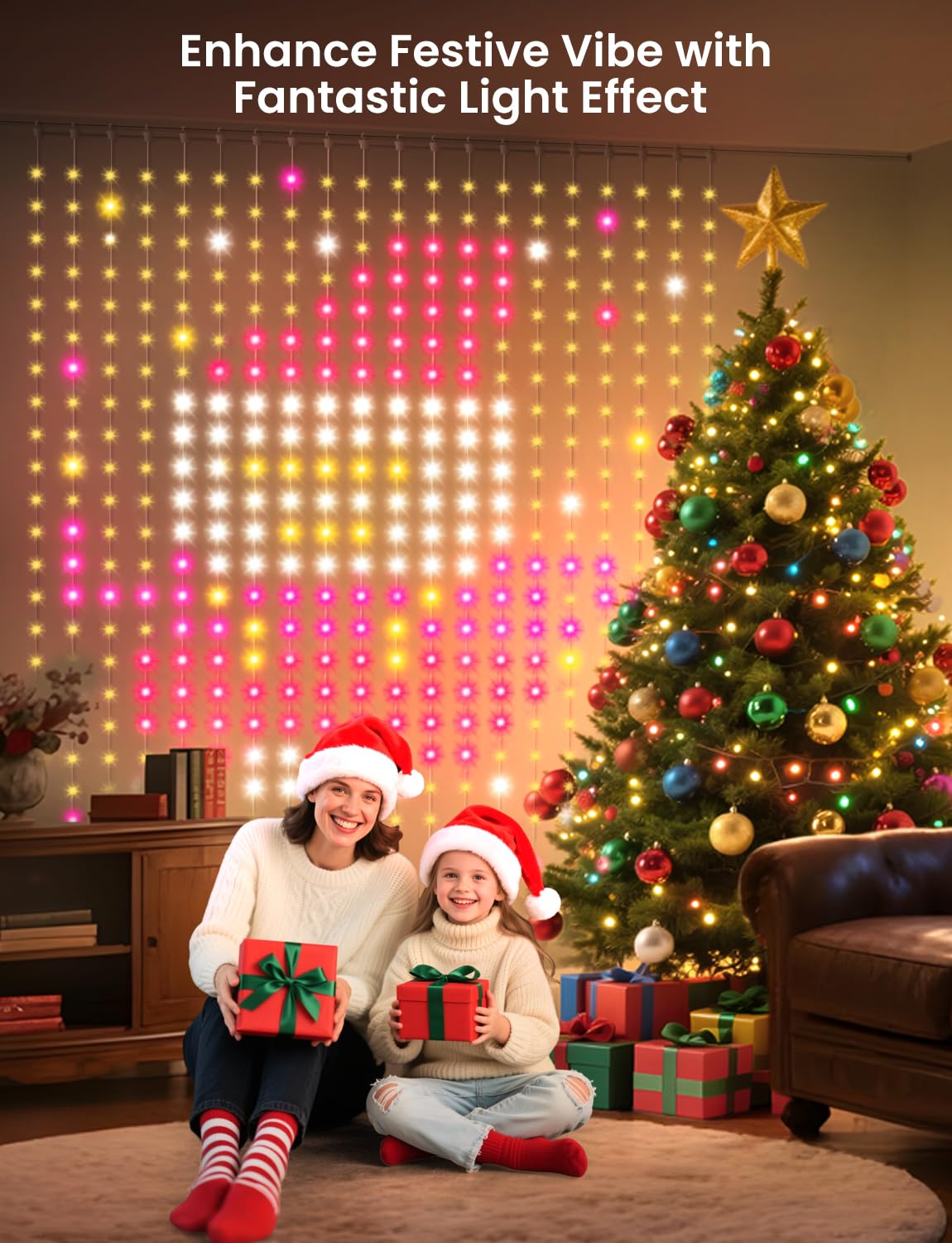 Smarte LED-Vorhang-Lichter, 400 LEDs, RGB+IC, Farbwechsel-Wandleuchten, 2 x 2 m, dynamisches DIY-Muster, LED-Lichterkette, APP-Fernbedienung, für Schlafzimmer, Wohnzimmer, Fensterdekoration, Party