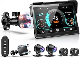 2026 LBW 7" GPS Navigation Motorcycle CarPlay with Wireless iOS/Android Auto, Dual 2K Dash Cam, HD Screen, IP69K Waterproof, TPMS, Remote Control, G-Sensor, BT, Quick Release Anti-Theft Design Mount