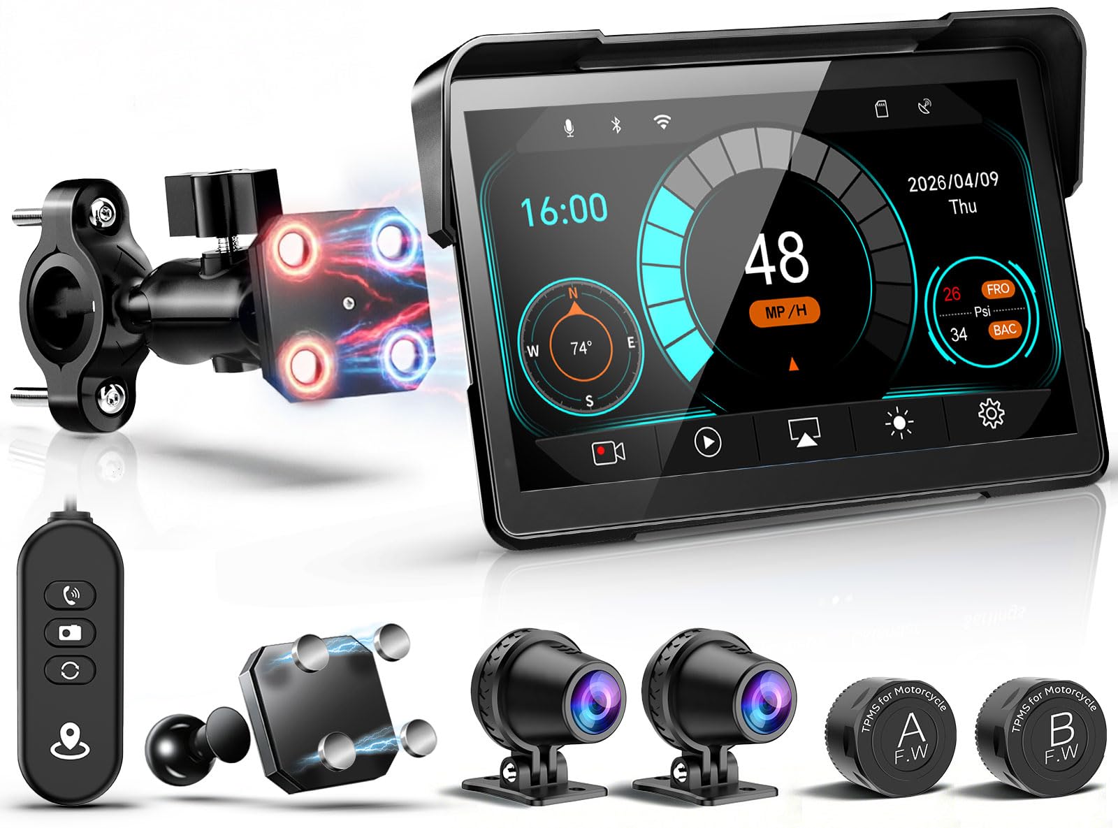 2026 LBW 7" GPS Navigation Motorcycle CarPlay with Wireless iOS/Android Auto, Dual 2K Dash Cam, HD Screen, IP69K Waterproof, TPMS, Remote Control, G-Sensor, BT, Quick Release Anti-Theft Design Mount-picture-19