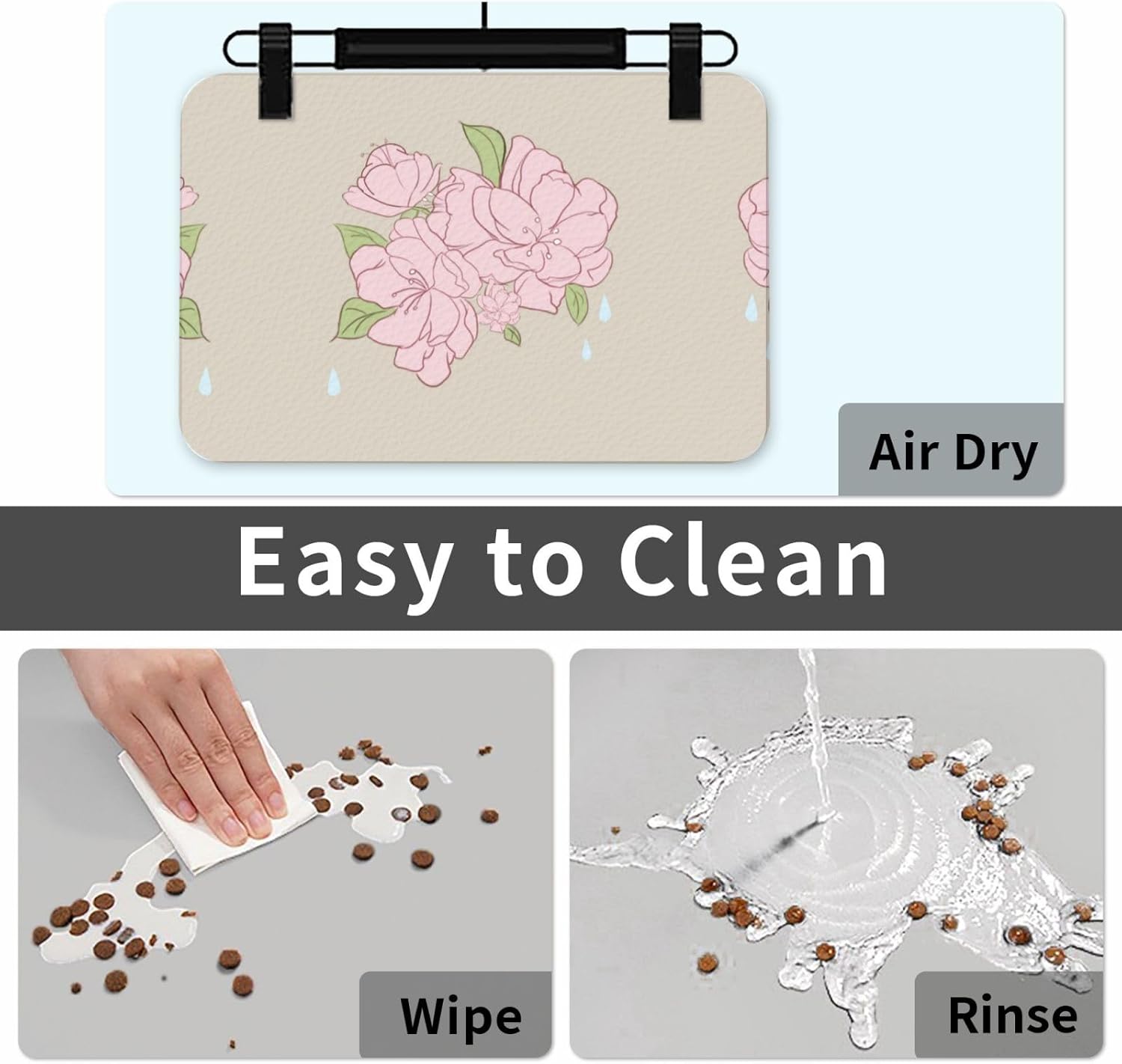 40x60cm Pet Absorbent Feeding Mat - Divided Peach Blossoms Print Leather Non-Slip Placemat, for Dog Cat Food and Water Bowl Pads