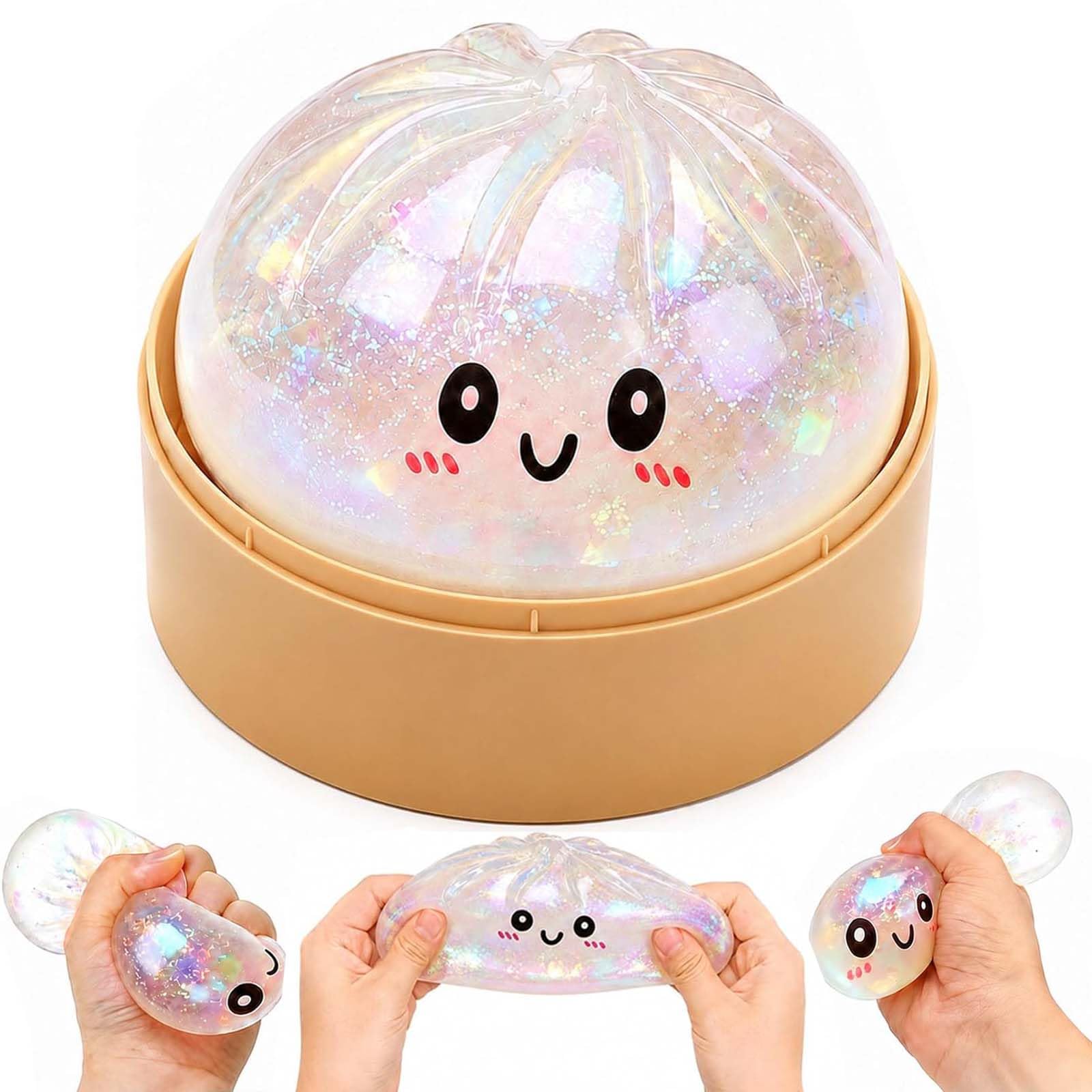 Glitter Dumpling Squishy, Squishy Dumplings Stress Balls Fidget Toys with Steamer Box, Soft Squeeze Anxiety Relief Dumpling Squishies Sensory Toy for Kids Teens Adults (White2)