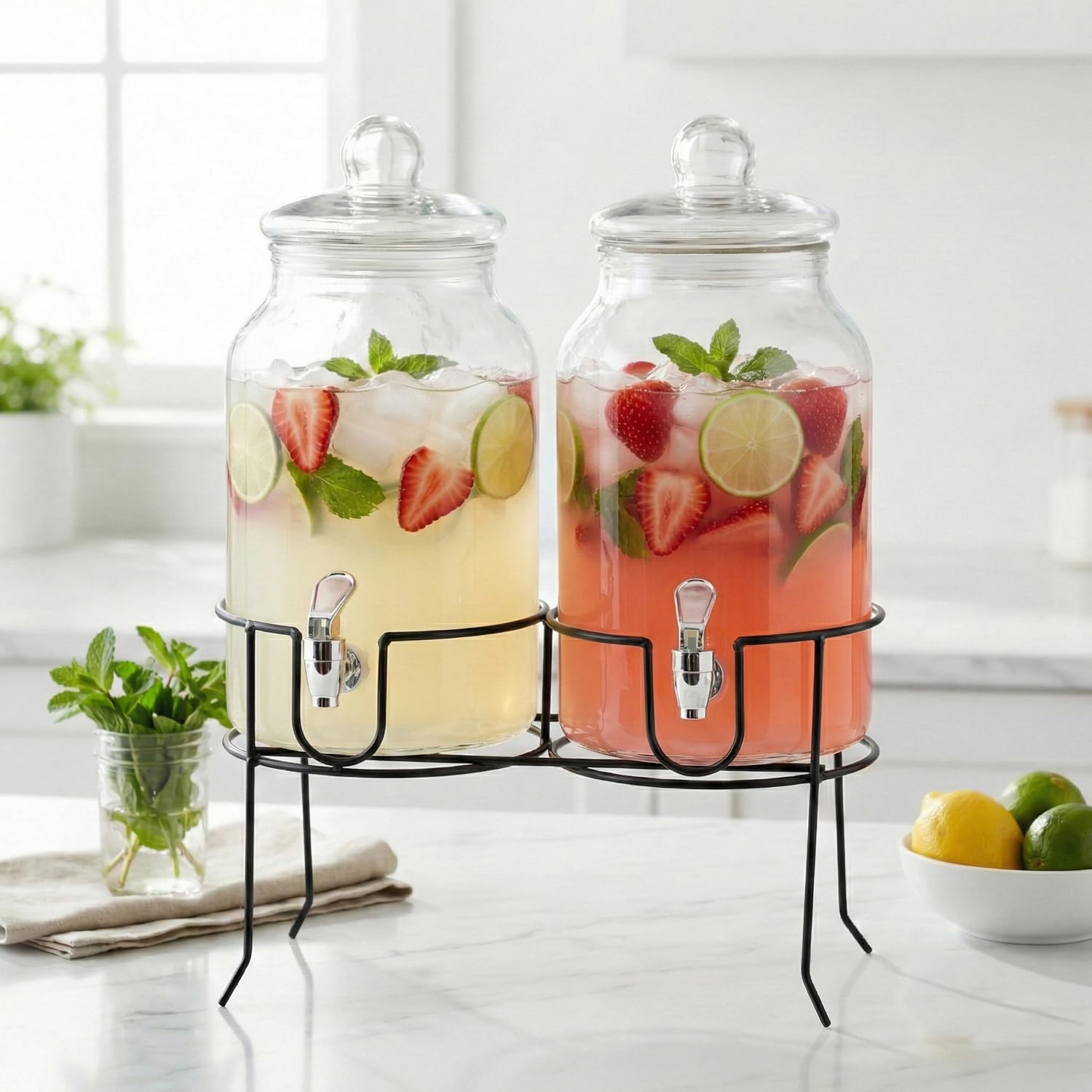 Style Setter Rustic Home Beverage Dispenser Set of 2 Cold Drink Dispenser w/ 1-Gallon Capacity each Glass Jug, Metal Rack & Leak-Proof Acrylic Chrome Spigot Great for Parties, Weddings