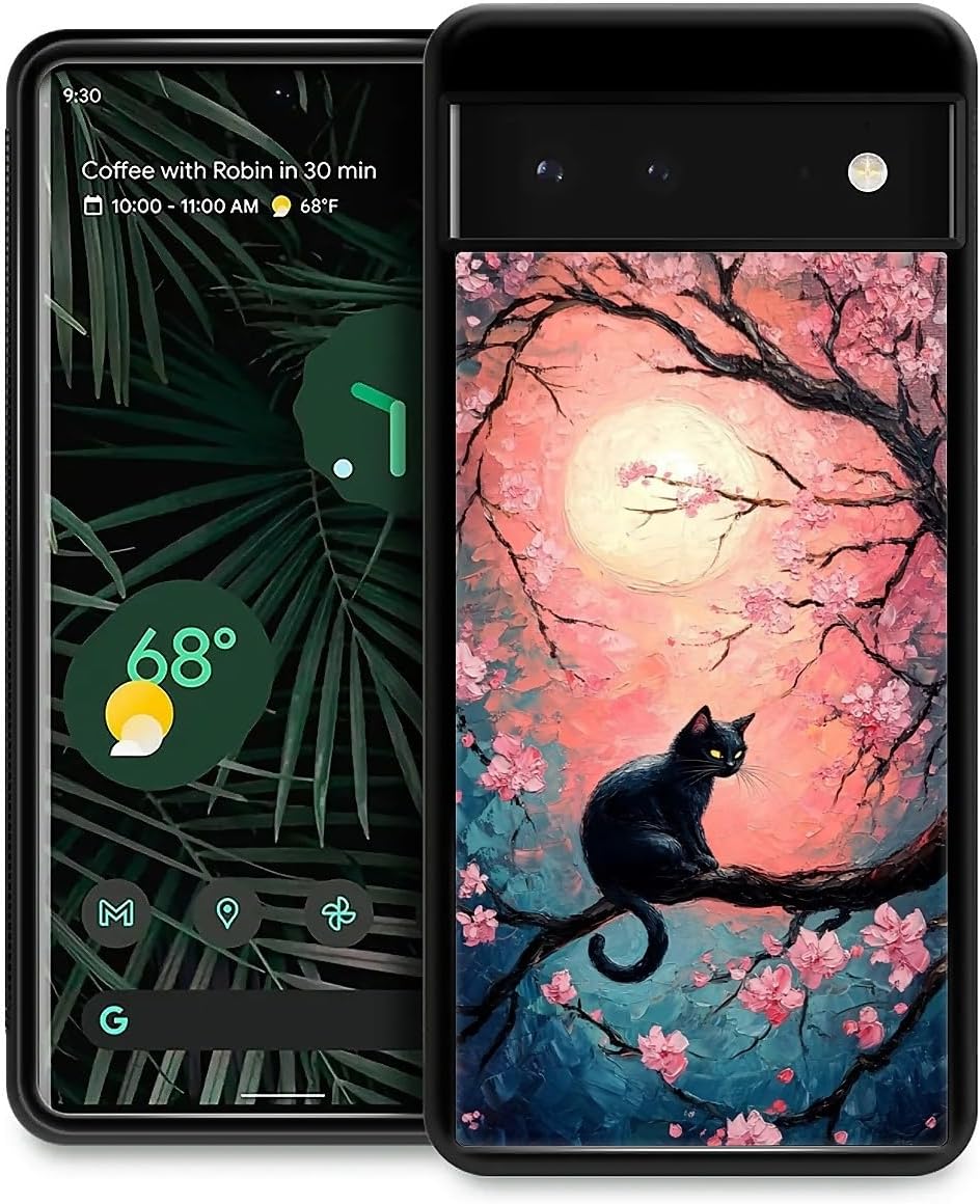 CARLOCA Compatible with Google Pixel 6 Case for Girls Boys Hard Shell Shockproof Protection TPU Non Slip for Google Pixel 6 Fashion Pattern Black Cat Cherry Blossom Branch Flowers
