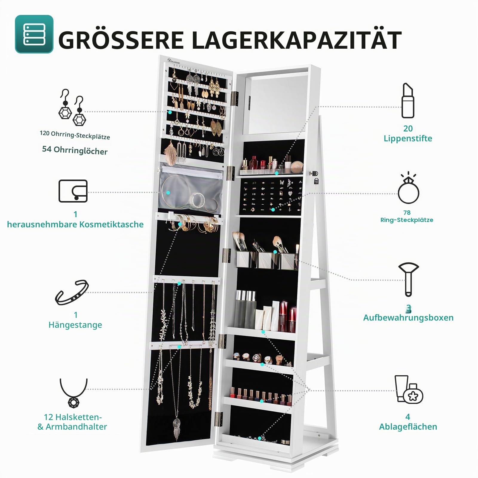 YITAHOME Schmuckschrank, Standspiegel Spiegelschrank mit Ganzkörperspiegel, 3 Ablagen, 360° Schwenkbare Schmuckschränke Abschließbar mit Schlüsseln, Stehender Schmuckorganizer mit Großem Stauraum