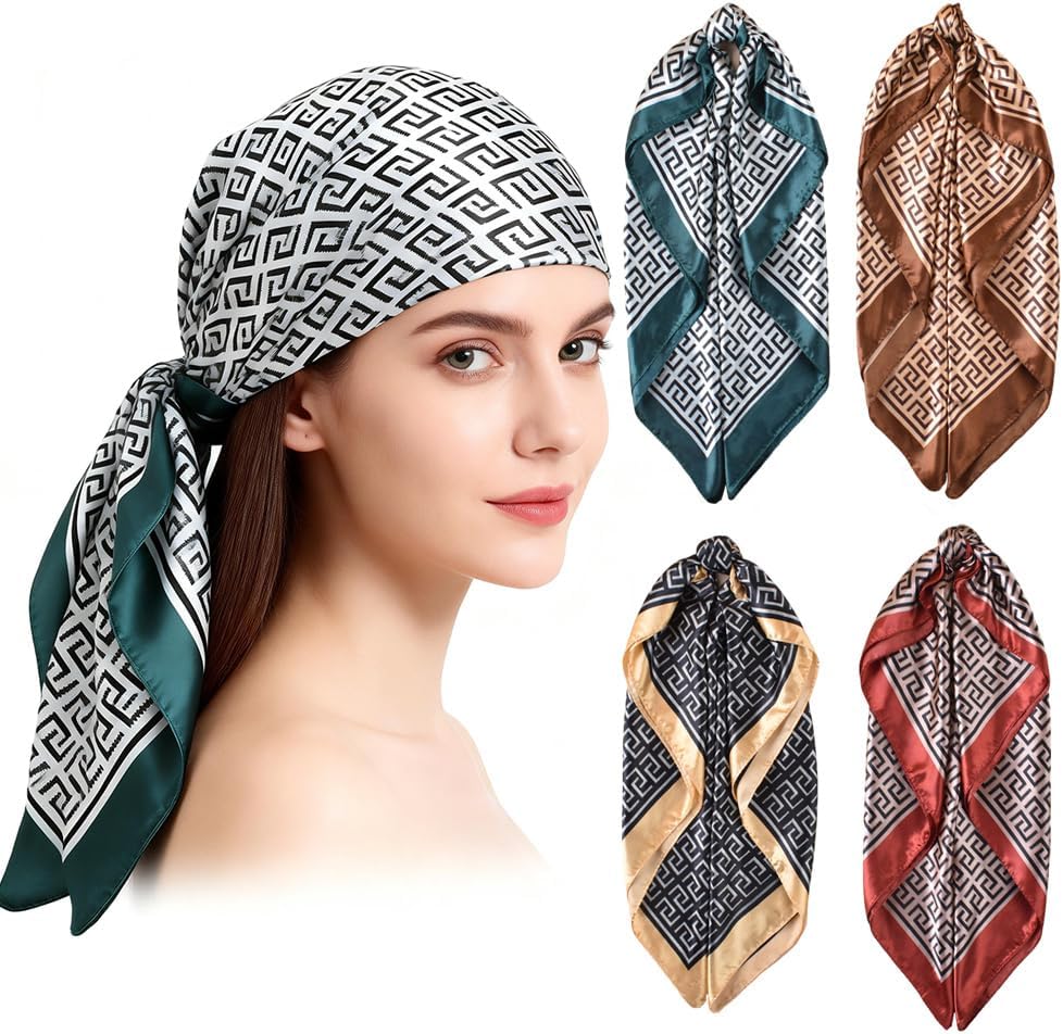 4Pcs Silk Head Scarves for Women Satin Hair Scarf 35”Large Square Bandana Silk Like Neck Scarf Shawl