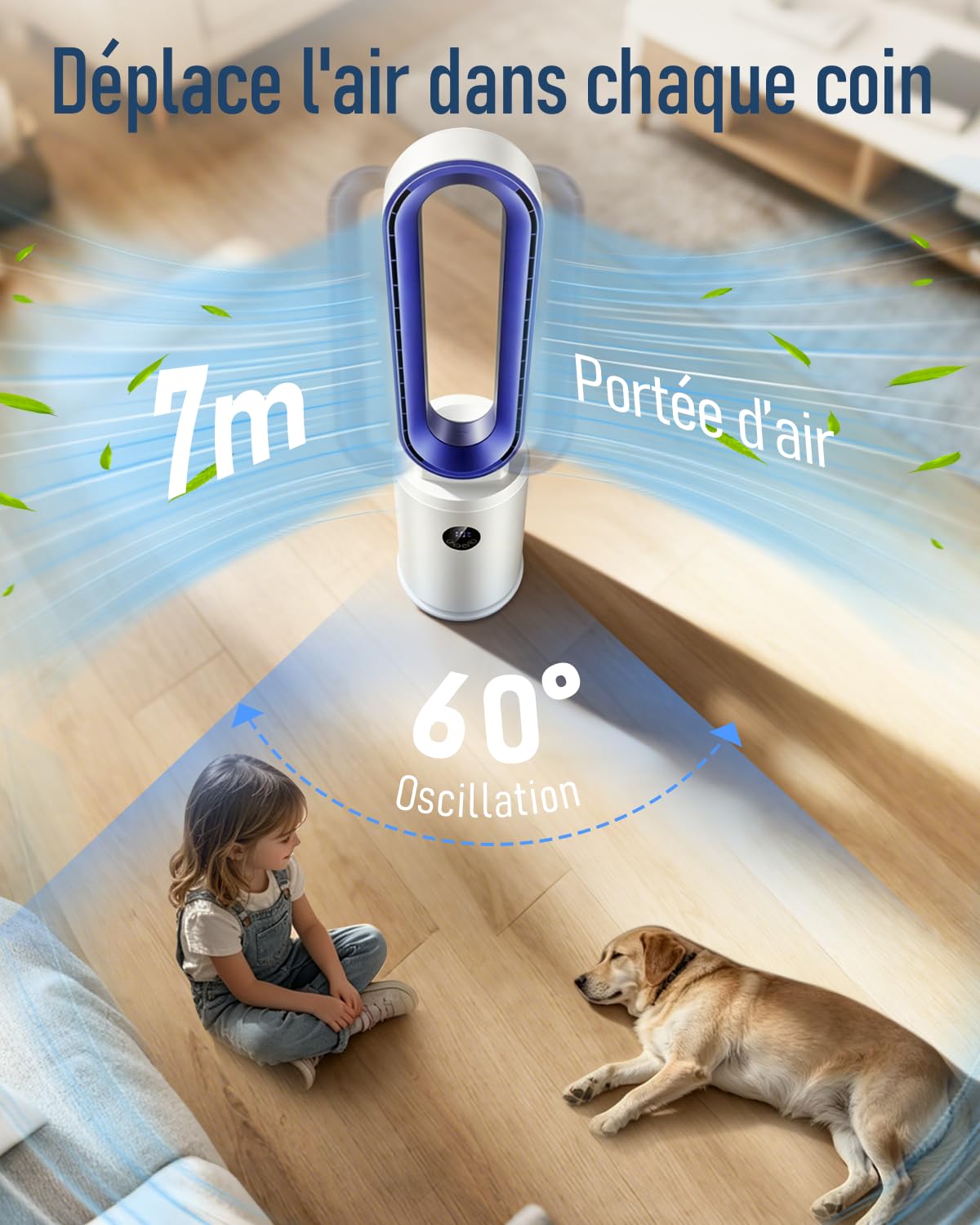 Ventilateur sans Pale - Ventilateur Colonne Silencieux 24 Vitesses avec Télécommande et Minuterie 12h, Moteur DC Écoénergétique, Écran LED Oscillation 60° Purification d'Air pour Chambre