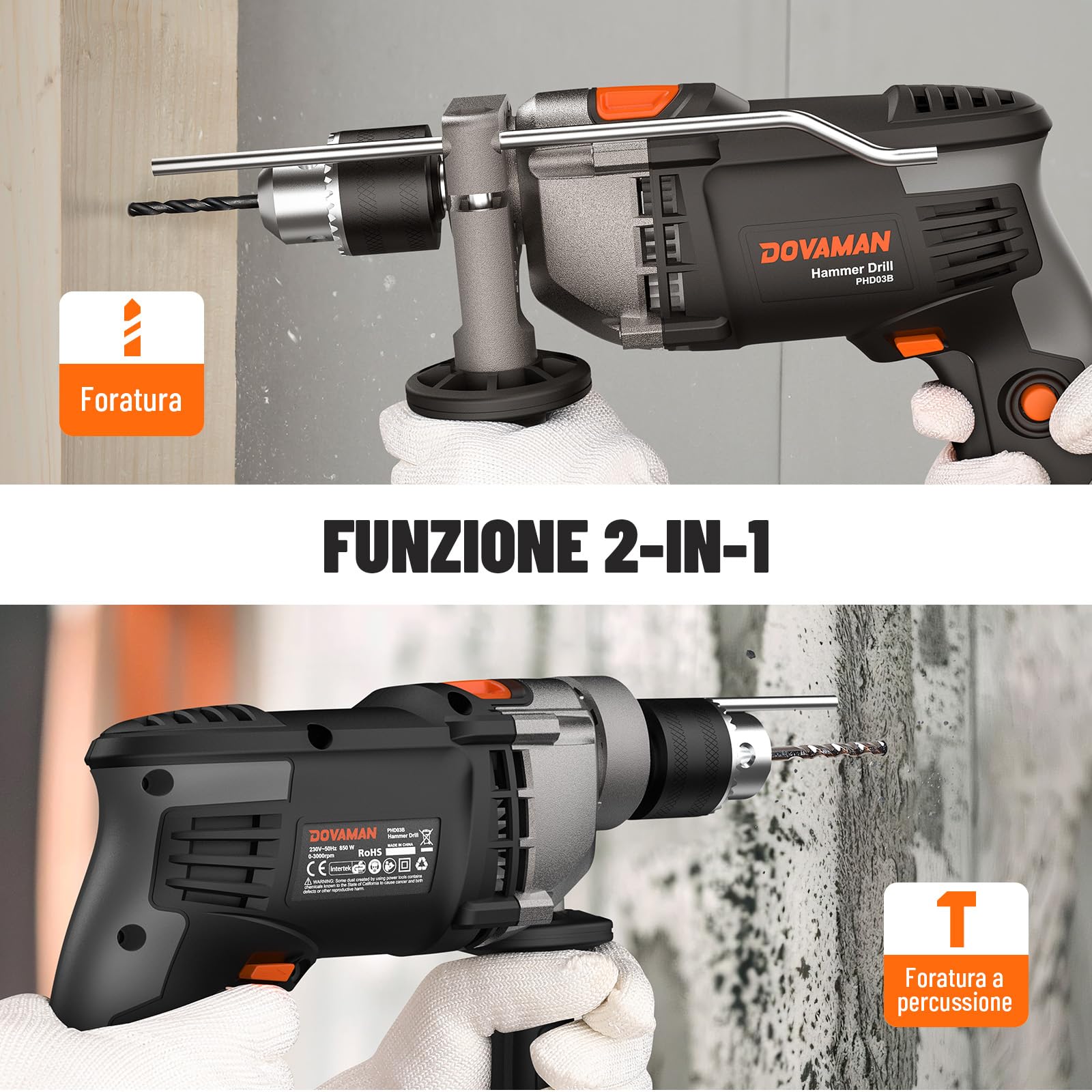 DOVAMAN Trapano a Percussione 850W, Funzione 2 in 1, Mandrino da 13 mm, Velocità Regolabile 0-3000 giri/min, Set Trapano Elettrico con Cavo e Accessori per Calcestruzzo, Metallo, Legno
