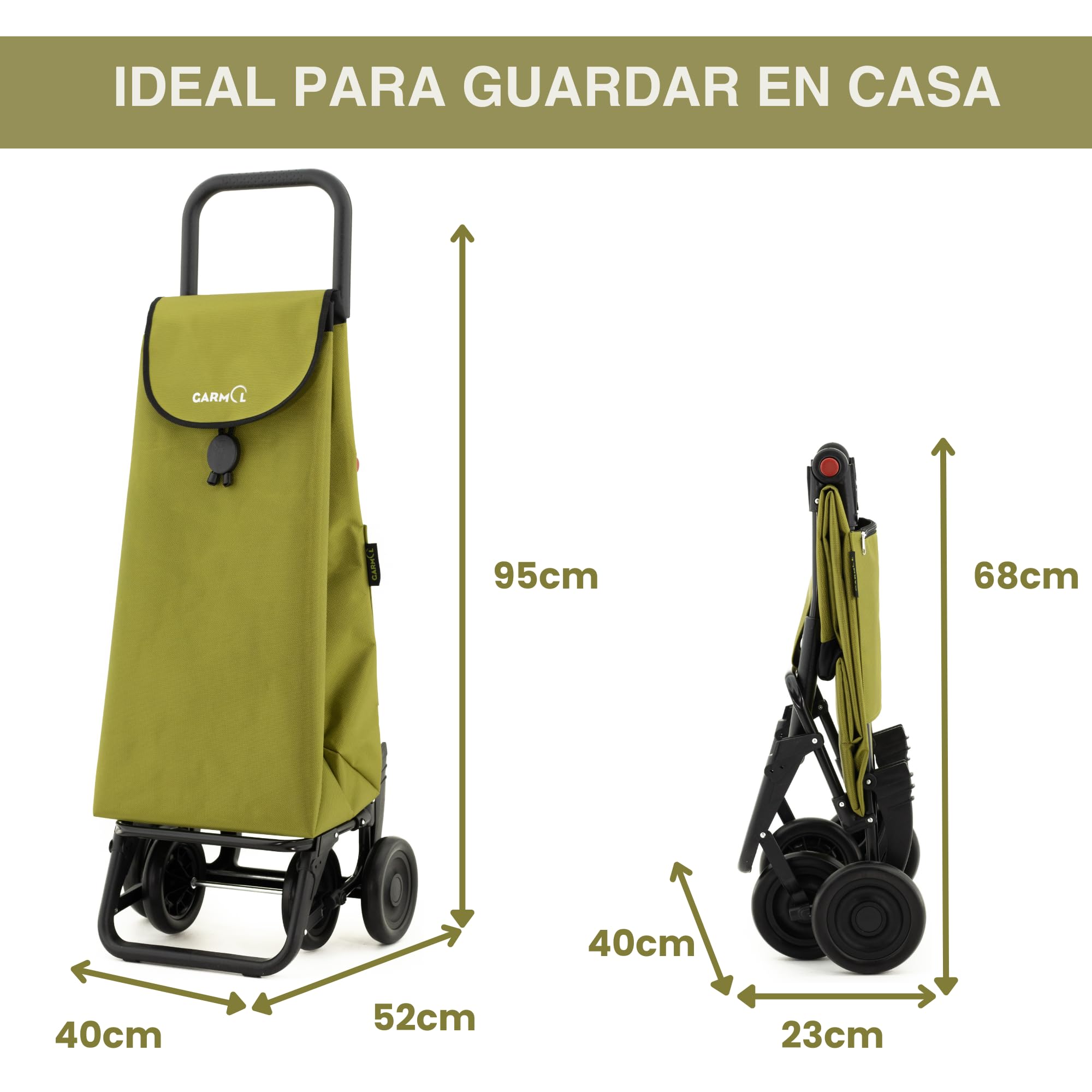 GARMOL Carro de la Compra Plegable 55 litros | Carro de la Compra 4 Ruedas Gran Capacidad Abatible | Carrito Compra Plegable Color Verde Aguacate