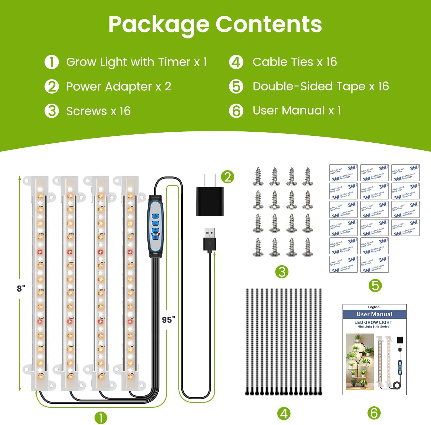 8 inches LED Grow Light Strips, Full Spectrum Grow Lights for Indoor Plants with 6/12/16H Timer, 5 Dimmable Levels, Plant Light for Seedling Succulent, Ideal for Plant Shelf (4 Strips*2pcs)
