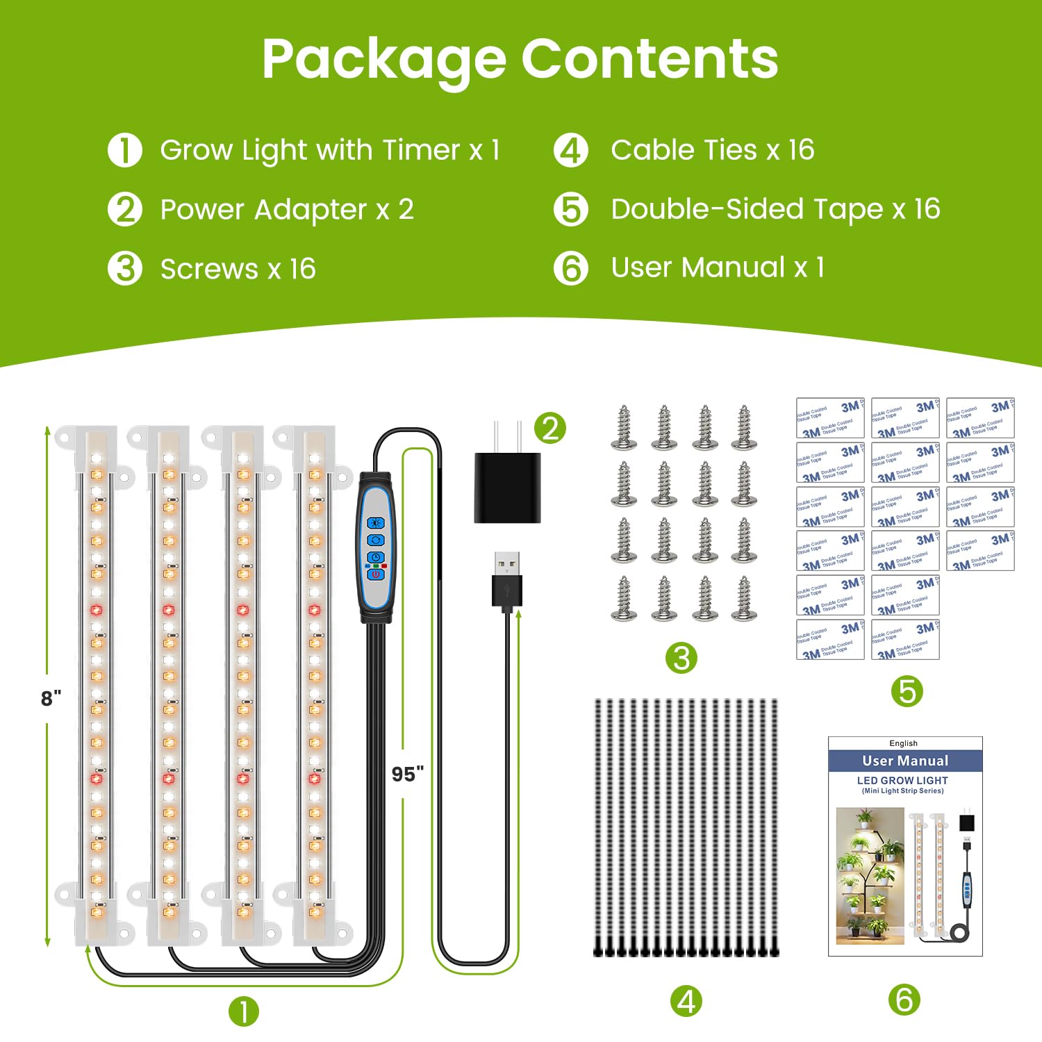 Kullsinss Bandes lumineuses de croissance à DEL de 20,3 cm, spectre complet pour plantes d'intérieur avec minuterie de 6/12/16 h, 5 niveaux à intensité variable, lumière pour semis succulents, idéales