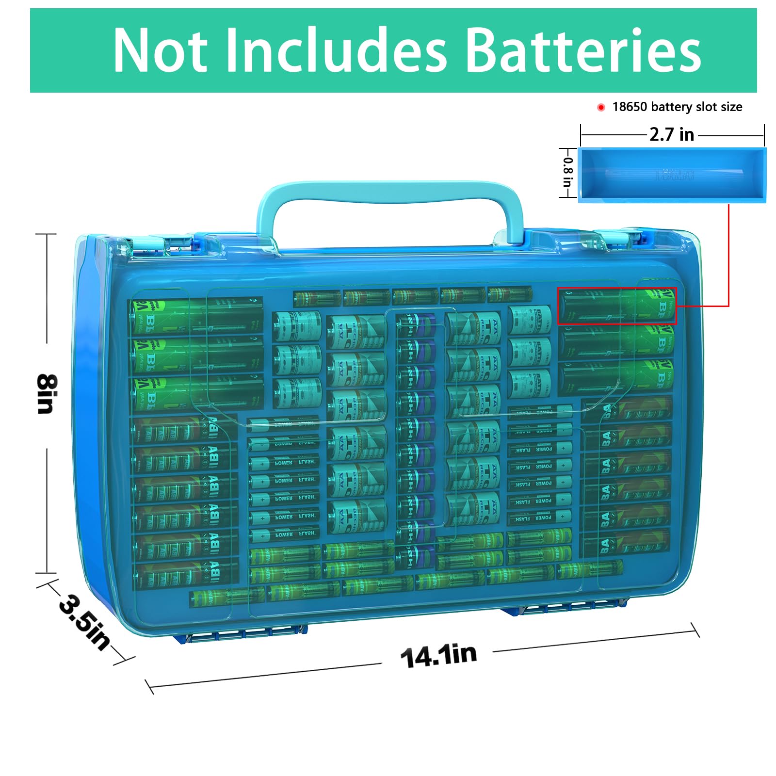 Grande capacità 269 Battery Organizer Case con tester, doppio lato porta batteria contenitore per batterie AA AAA AAAA C D 9V al litio 3V CR123 CR1632 18650 (solo scatola) (blu)