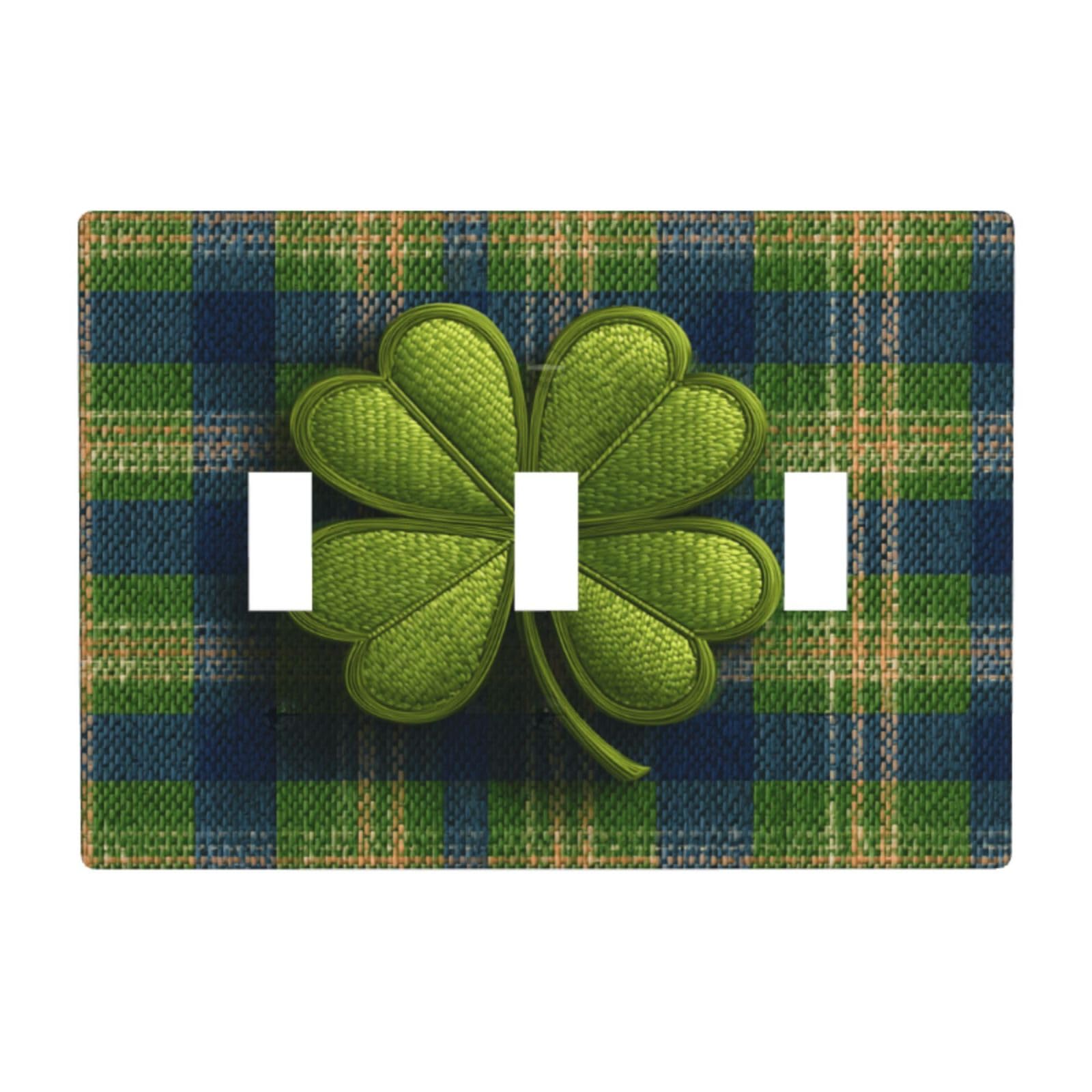 St. Patrick's Day Shamrock On Plaid Light Switch Covers 3 Gang Triple Toggle Wall Plate Switchplate Electrical Faceplate for Bathroom Kitchen Bedroom Decor