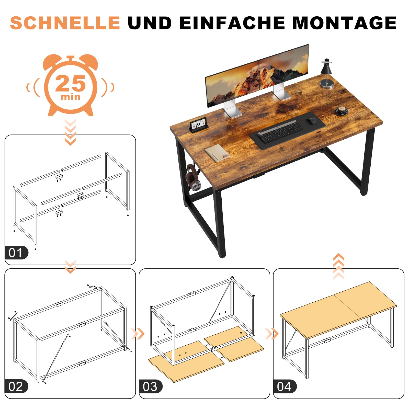 Devoko Schreibtisch Tisch 120x50x75 cm Computertisch Klein | Schreibtisch klein mit verstellbaren Füßen & Haken,60 kg Tragkraft für Homeoffice-Arbeitsflächen,Braun