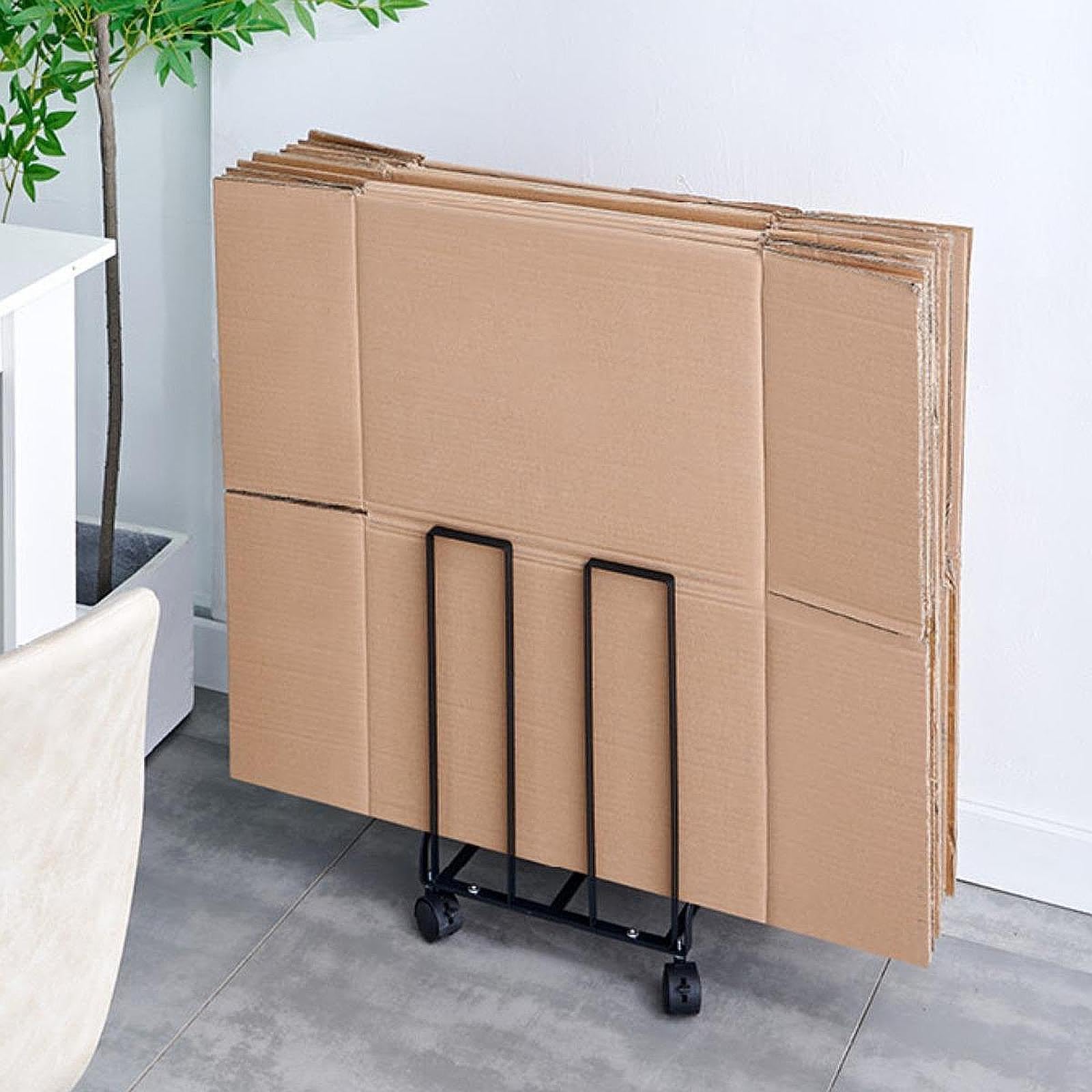 Carro de Almacenamiento de Cartón con Ruedas, Estructura Metálica con Rieles Laterales Altos, Fácil Montaje, Soporte Móvil para Cartón de 31 X 26 X 43, Negro