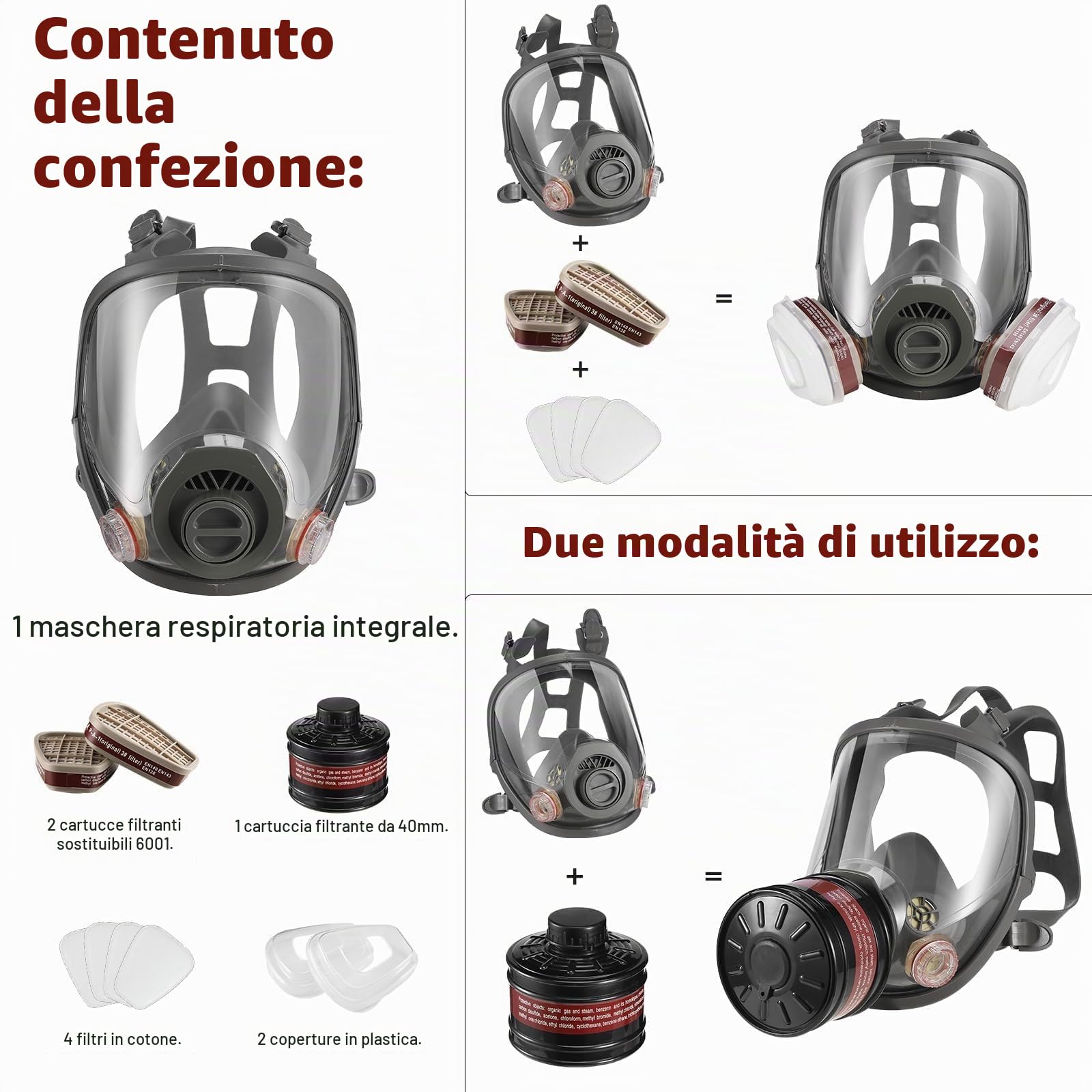 Maschera integrale a gas - Maschera respiratoria riutilizzabile a gas di sopravvivenza nucleare e chimica con filtro al carbone attivo 6001 cn e 40 mm contro gas/polvere/vapori/fumi per prodotti