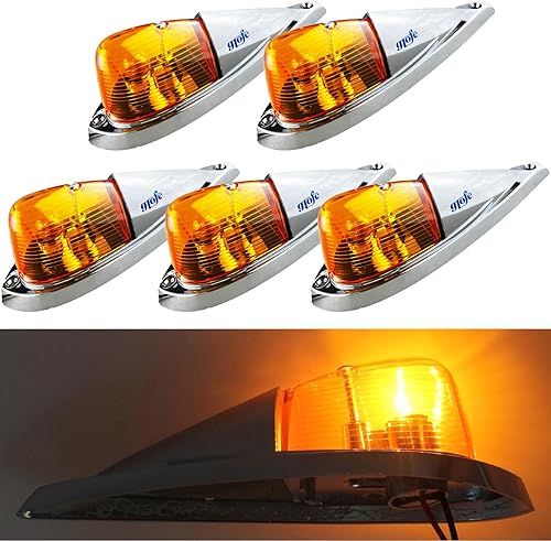 Miniatura 10 de Kit de luces de carrera de techo con lente ahumada, 5 unidades, color ámbar, estilo lágrima, compatible con Kenworth, Peterbilt, Freightliner, Mack