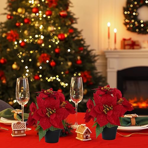 Miniatura 4 de Flores de Pascua artificiales, paquete de 2 plantas de Pascua artificiales rojas de Navidad pequeñas de 11 pulgadas, flores de invierno para