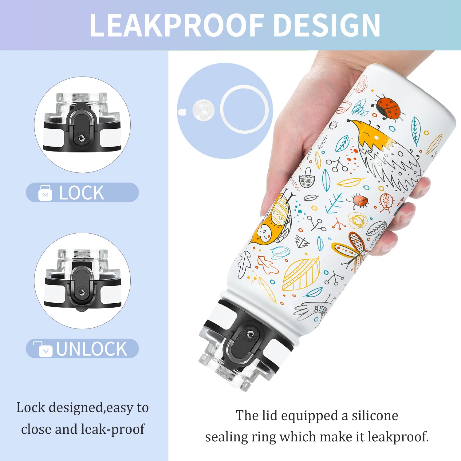 GOPPUS 600ml/20oz Stainless Water Bottle with Straw Double Wall Insulated Bottles with Strap One Hand Open Vacuum Thermal Flask Leakproof Keep Cold Bottles with Flip Top Lid BPA Free (White Animal) - Image 2