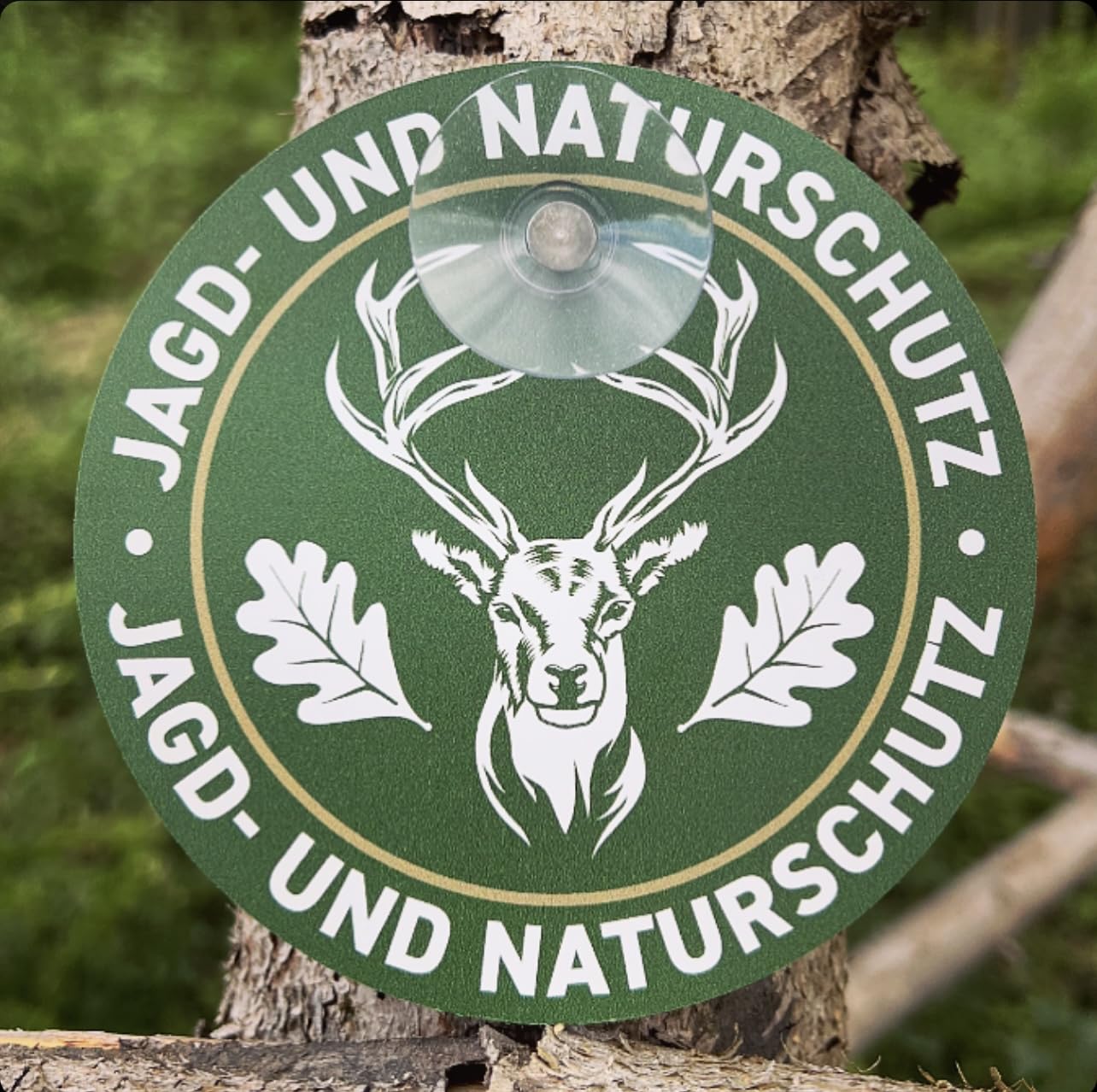 Jagdschild - Autoschild für die Scheibe mit Hirsch für Jäger & Jägerinnen, starker Saugnapf, 13cm Ø, aus Aluverbund (Metall), formstabil, UV- & witterungsbeständig
