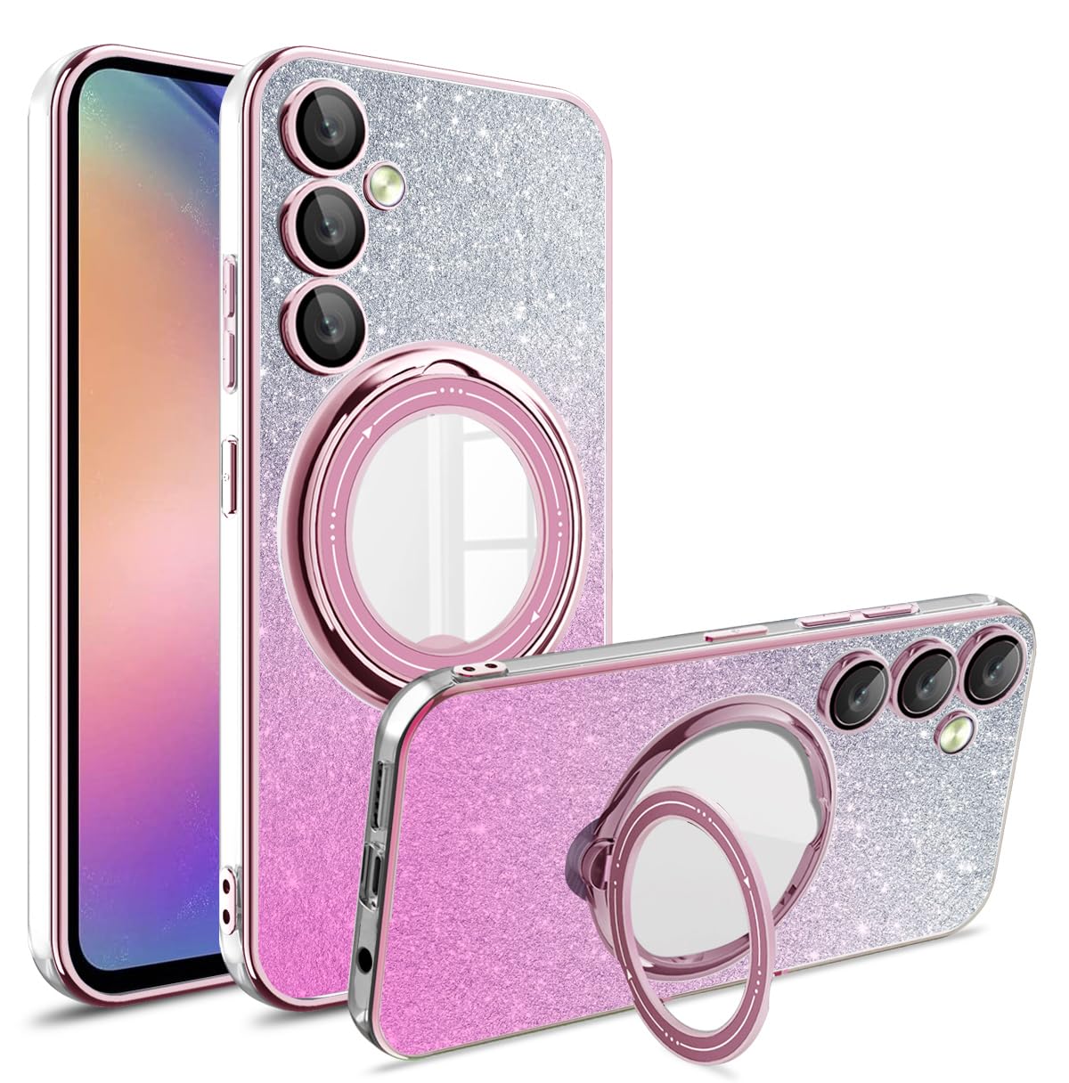SKYLMWfor Samsung Galaxy A14 5G Case Glitter with Rotatable Ring Stand Compatible with MagSafe, Plating Bling Clear Case with Camera Lens Protector Slim Phone Case for Women Girls (Pink)