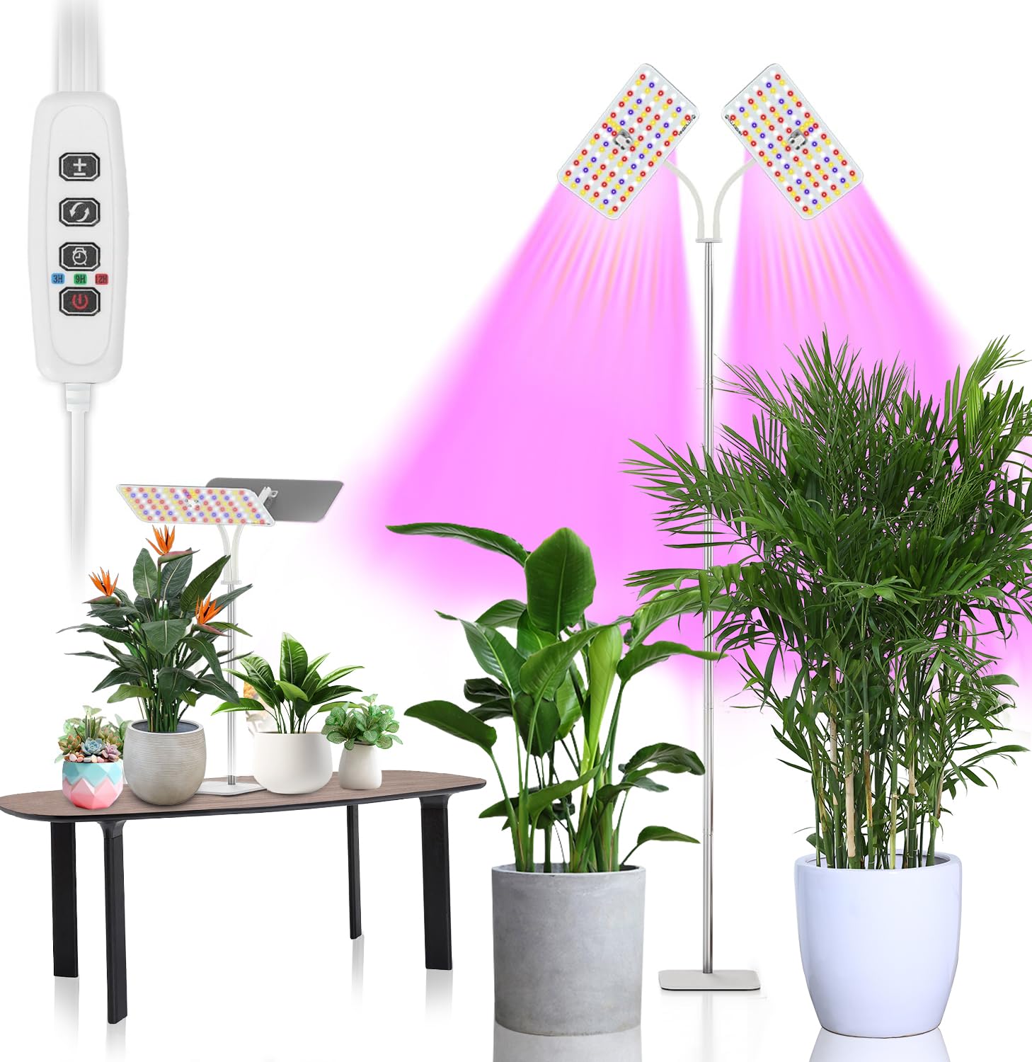 Lampe de croissance avec pied, lumière végétale à spectre complet hauteur réglable 70-180 cm & 3 modes d’éclairage, minuterie automatique marche/arrêt 3/9/12H (2 panneau d'éclairage)