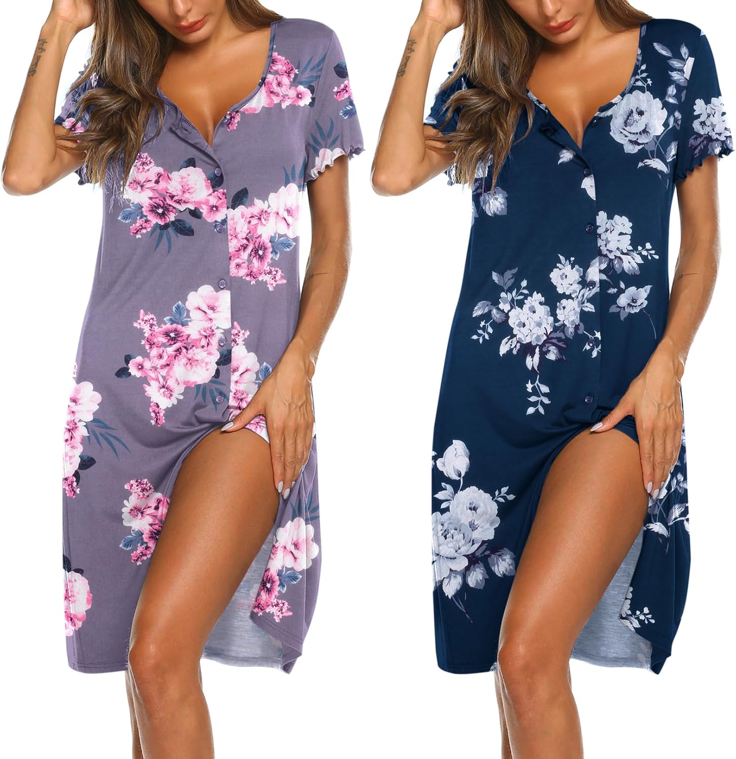 Ekouaer 2 Pack Nightgowns Women Button Down Night Shirts
