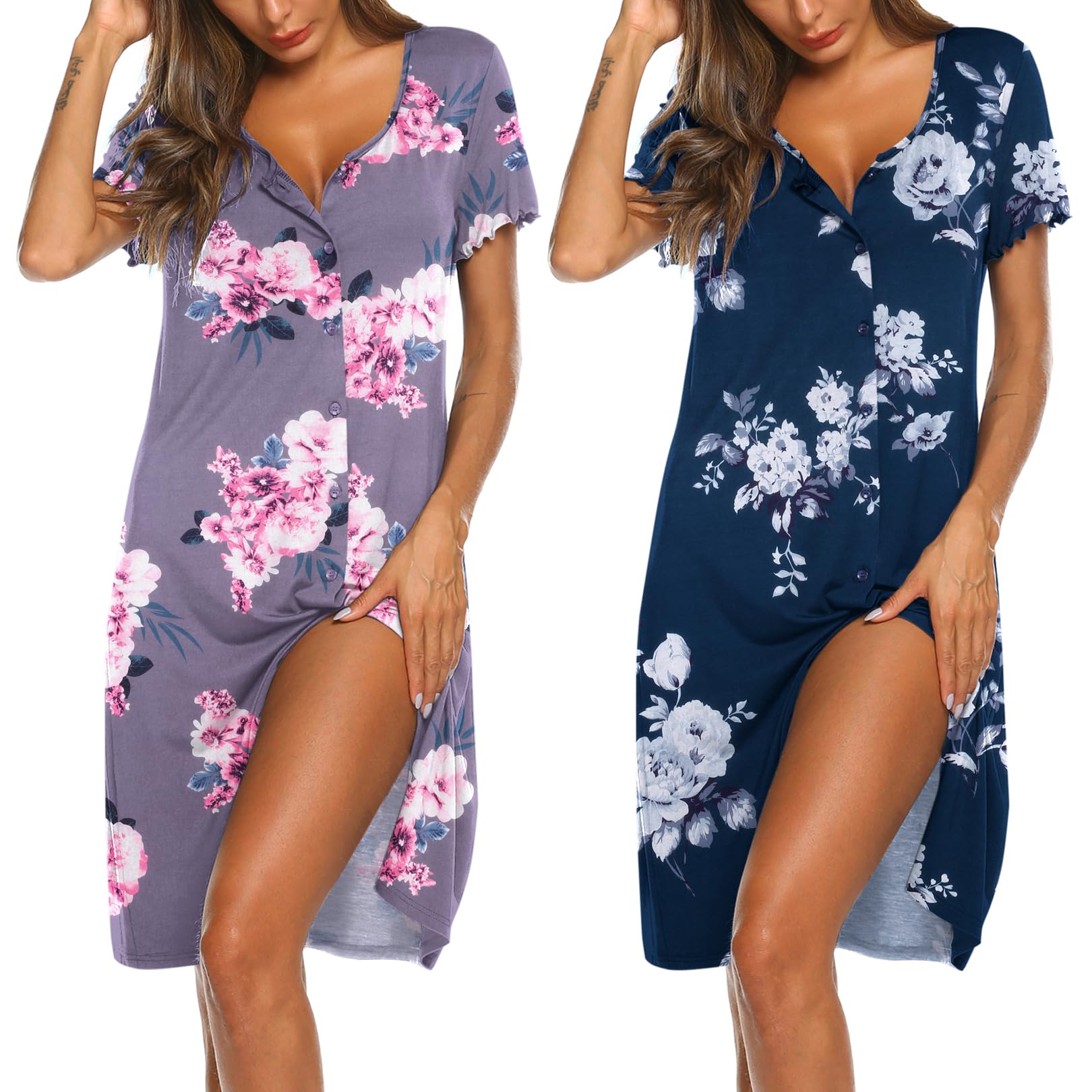 Ekouaer 2 Pack Nightgowns for Women Button Down Night Shirts Short Sleeve Sleep Shirts V Neck Sleepwear Pajama Dress