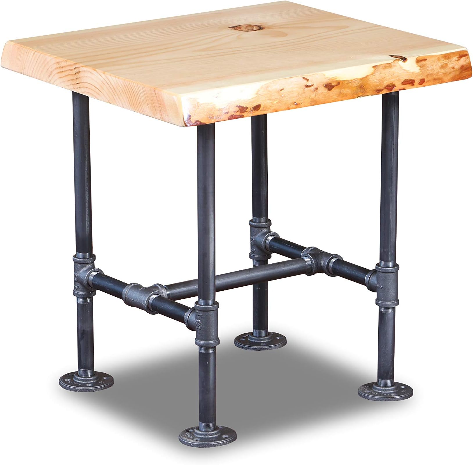 Rustic Live Edge End Table with Industrial Pipe Base – Solid Wood Side Table for Living Room, Cabin, or Lodge (Handcrafted, Unfinished)