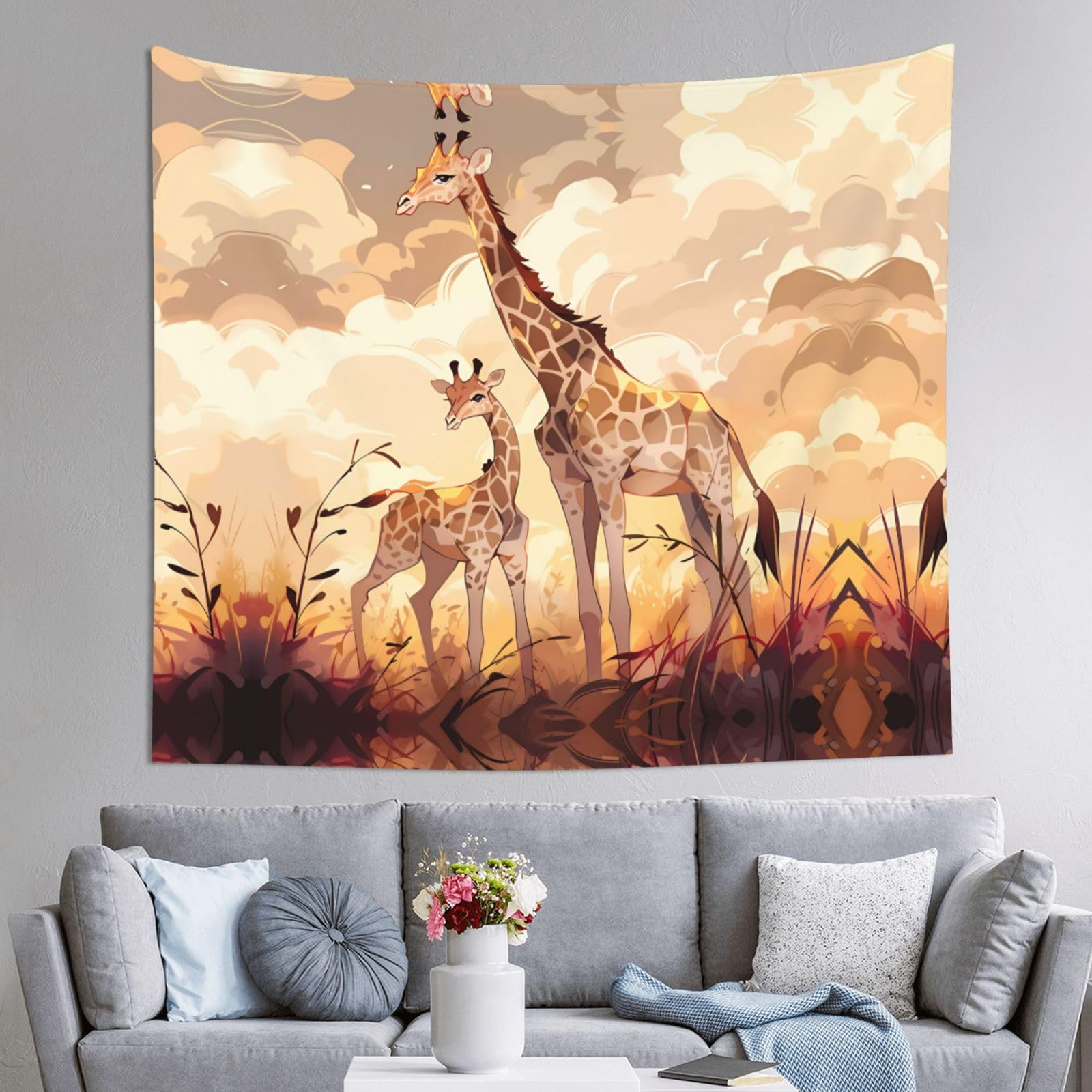 HLSBSSL 60x51in Giraffe mother and child Printed Tapestry Tablecloth for Dormitory and Picnic Rooms - Multifunctional Fabric Hanging