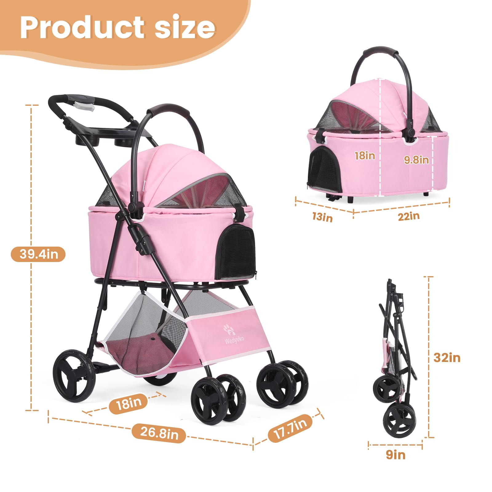 Poussette pour animal de compagnie, chariot de promenade à 4 roues pour chiens et chats de taille moyenne/petite, poussette de jogging pliable pour chat/chien avec porte-gobelet, panier de rangement