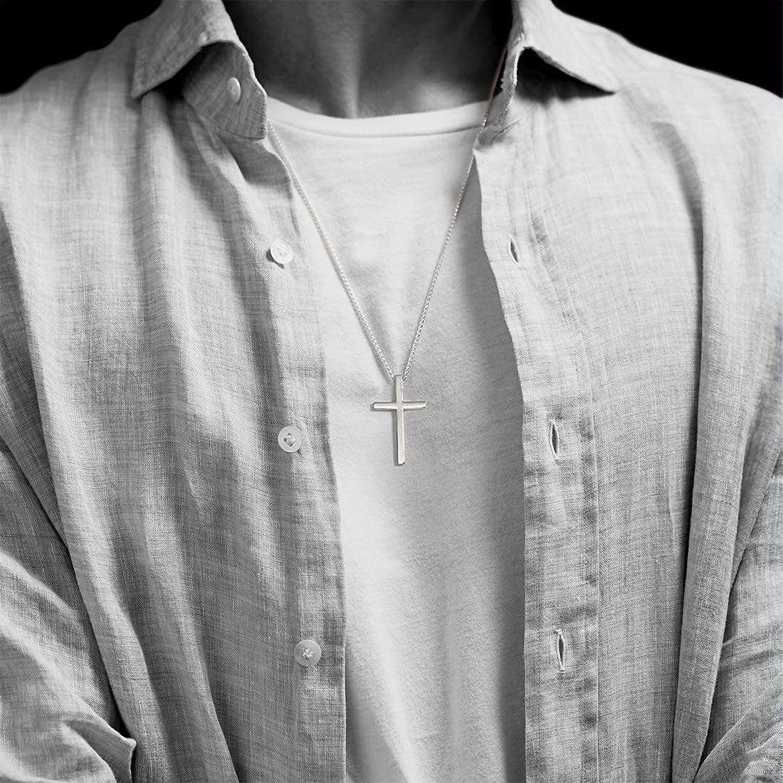 Carleen White Gold Plated Solid Sterling Silver Large Mens Classic Cross Pendant Necklace Faithful Jewelry Gifts For Mens Boys Son, 24 Inch Rolo Chain Lobster Clasp - Image 4