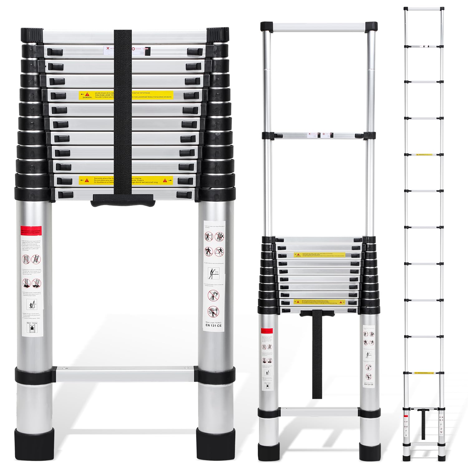 Lospitch Escalera telescópica, 5 m, escalera extensible antideslizante, aluminio, carga 150 kg, escalera extensible, escalera multiusos, extensible y portátil para desván, oficina, caravana, escalada