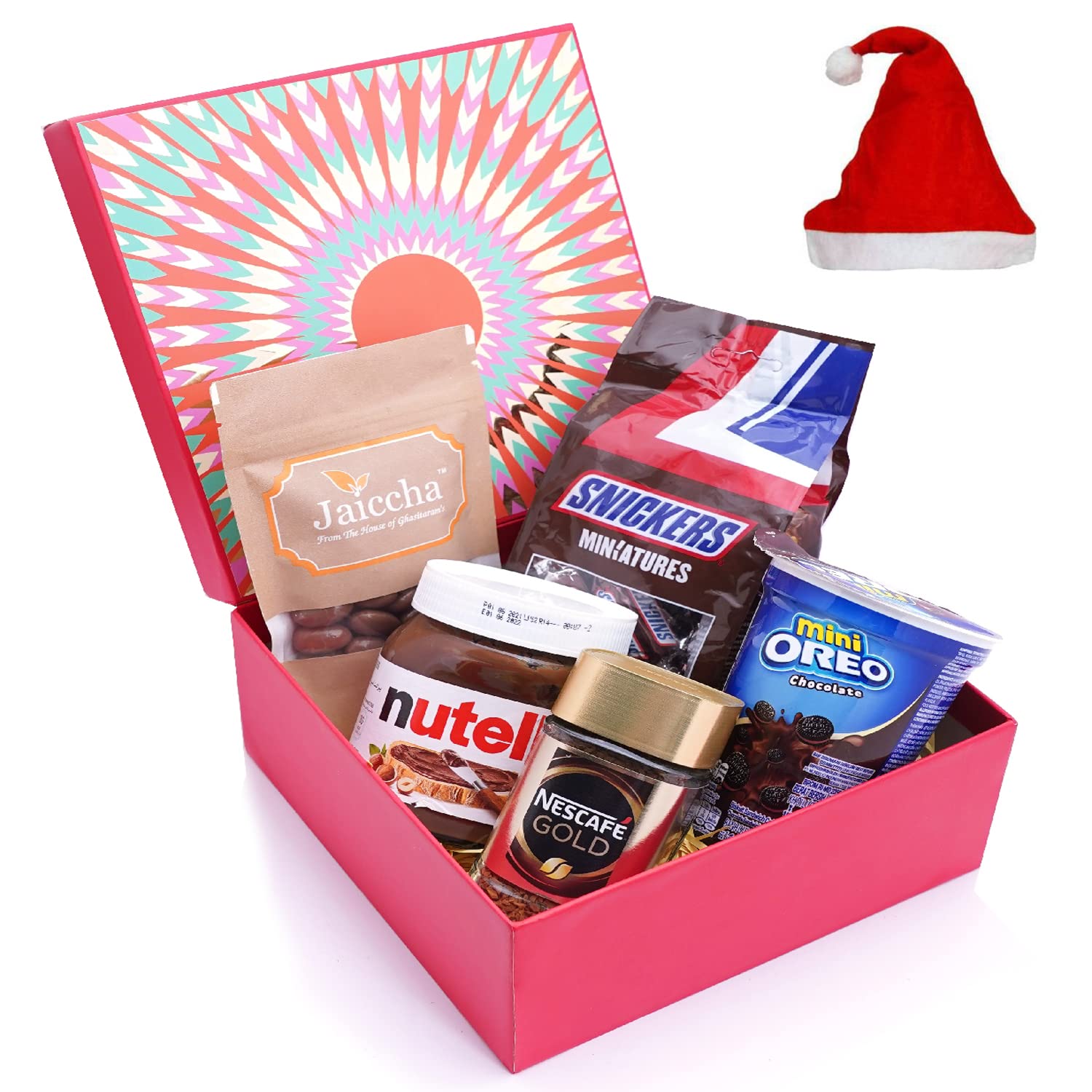 Jaiccha Ghasitaram Christmas Gifts Red Hamper Box of Snickers, Chocolate Coated Almonds, Coffee (50 GMS), Hazelnut Chocolate Spread and Mini Cookies