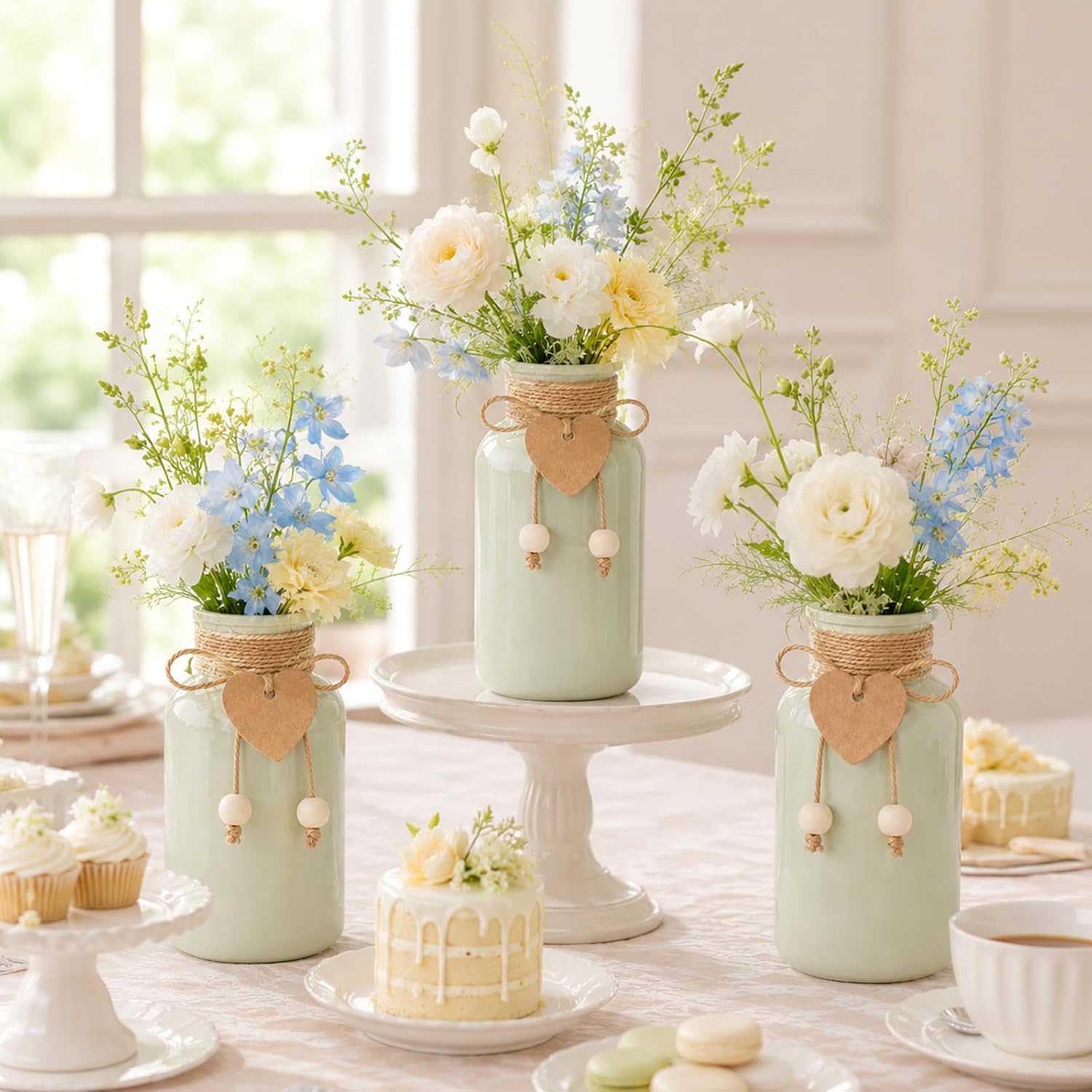 TBWIND Mason Jar Vases for Centerpieces, 12PCS Sage Green Glass Flower Vase image 3