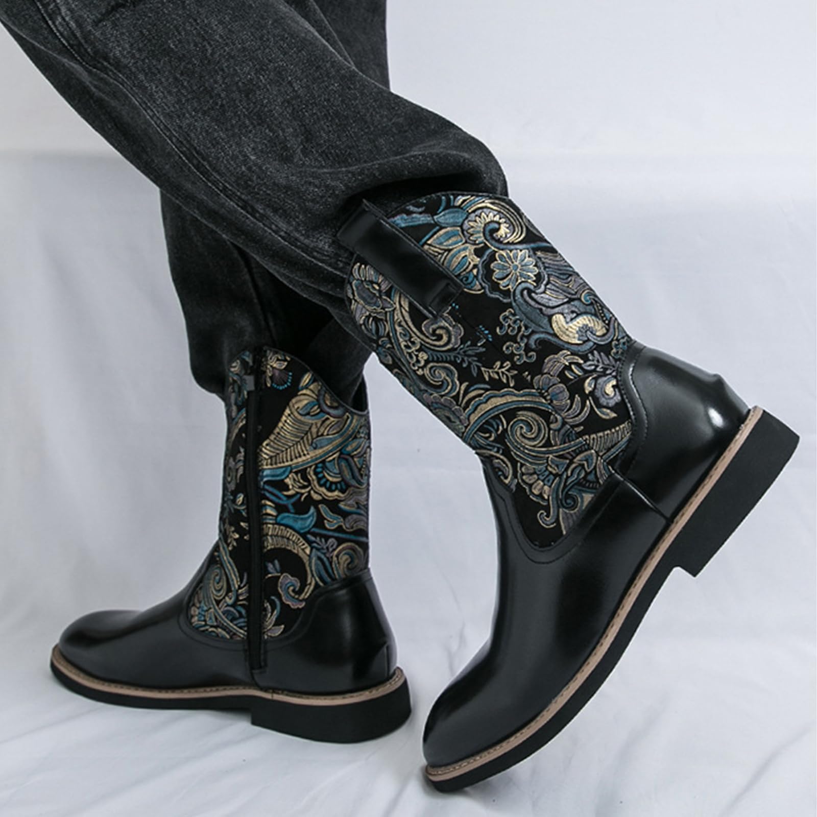 Stivali da Cowboy da Uomo Larghi Vintage A metà Polpaccio | stivali occidentali con ricamo a punta tonda tacco a blocchi stivali lunghi Scarpe da Equitazione Stile Country