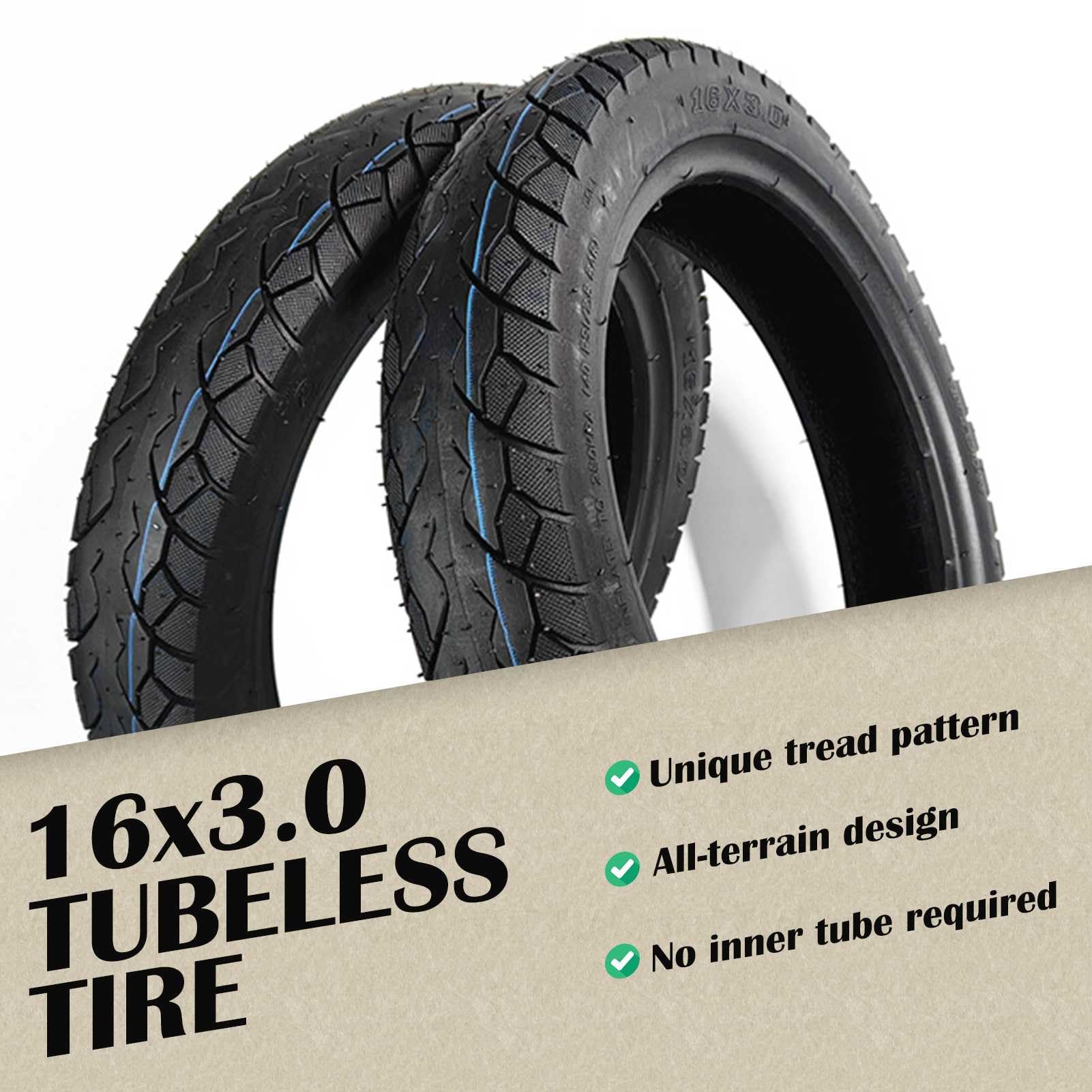 Pneu Vélo électrique 16x3.0 Pouces - Tubeless, En Caoutchouc Léger, Pour Scooter électrique, Vélo Enfant Ou E-bike (noir)