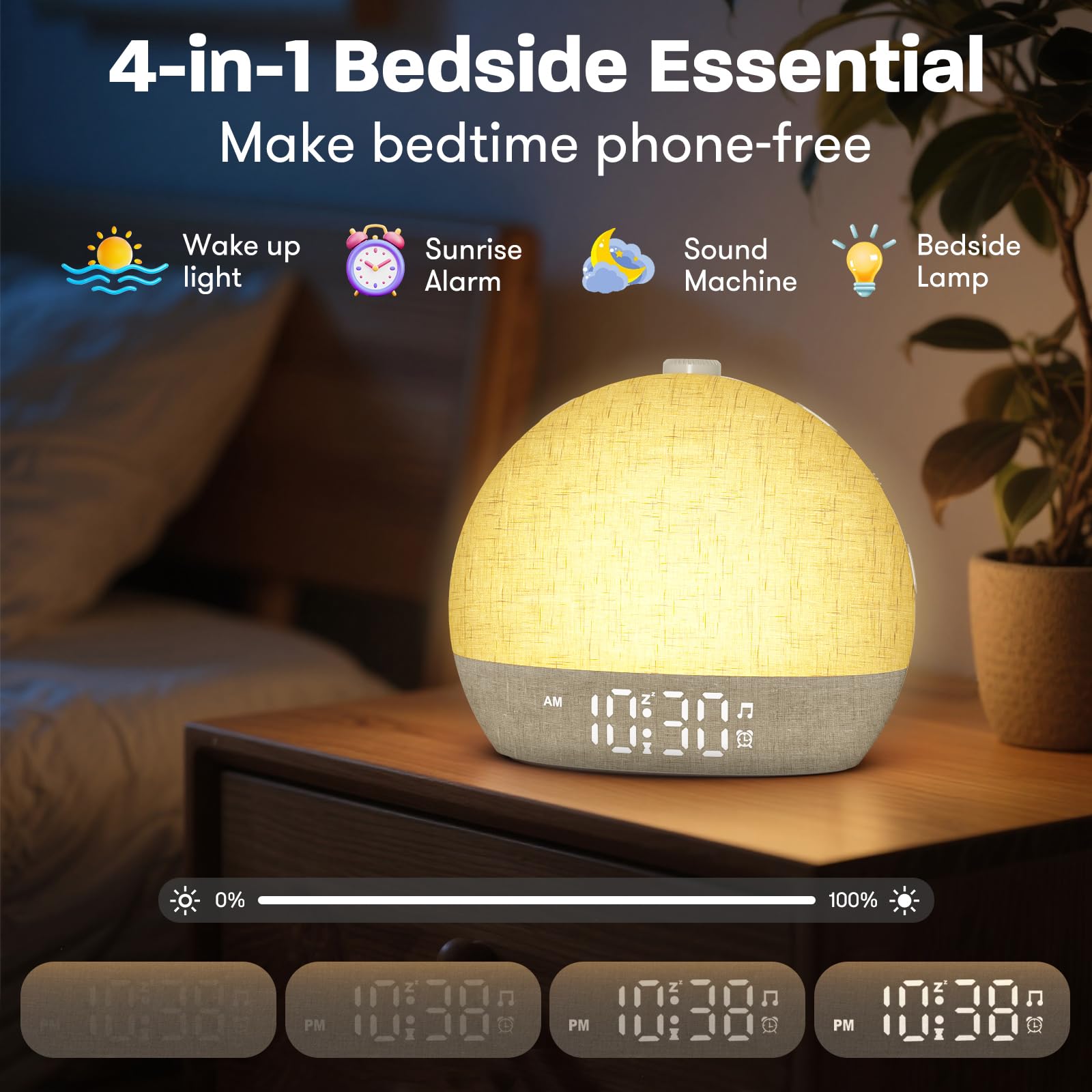 Wake Up Light Sonnenaufgangswecker, weißes Rauschen Soundmaschine mit 30 beruhigenden Geräuschen, dimmbare Nachtlichter, Einschlafhilfe, Schlummerfunktion, Timer, lauter Wecker für schwere Schläfer