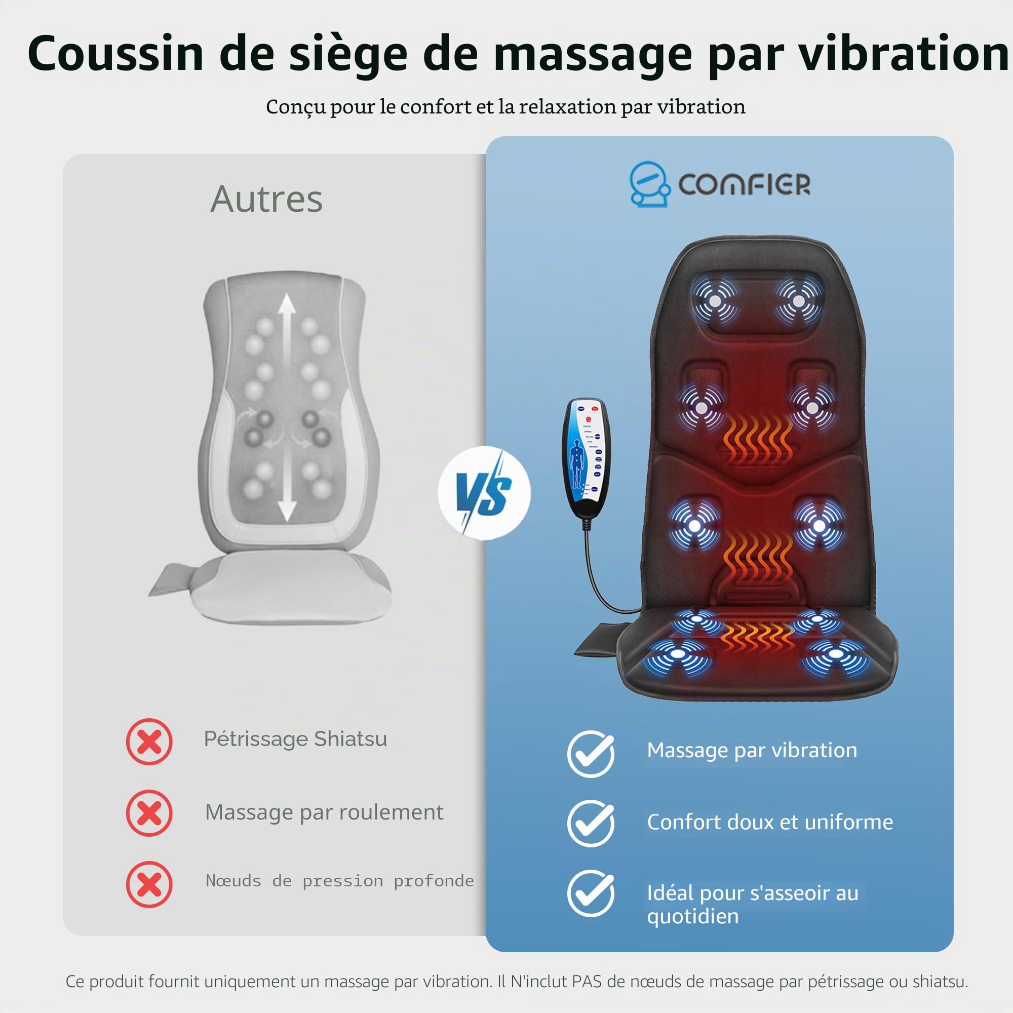 COMFIER Coussin de massage pour chaise, appareil de massage du dos avec chaleur, 10 moteurs de vibration pour le dos et la nuque, coussin de massage idéal pour le bureau et la maison