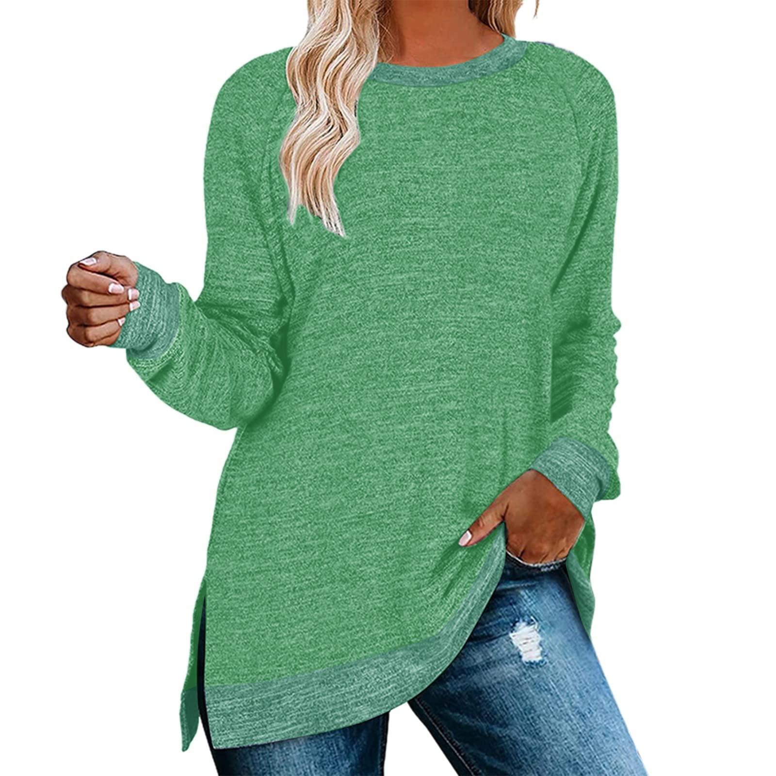 YOGALULU Polos Mujer Baratos Ropa de Mujer, Manga Larga, Cuello Redondo, Parte Superior Dividida, suéter Informal Suelto, Camiseta Superior Camiseta Frases Divertidas Mujer