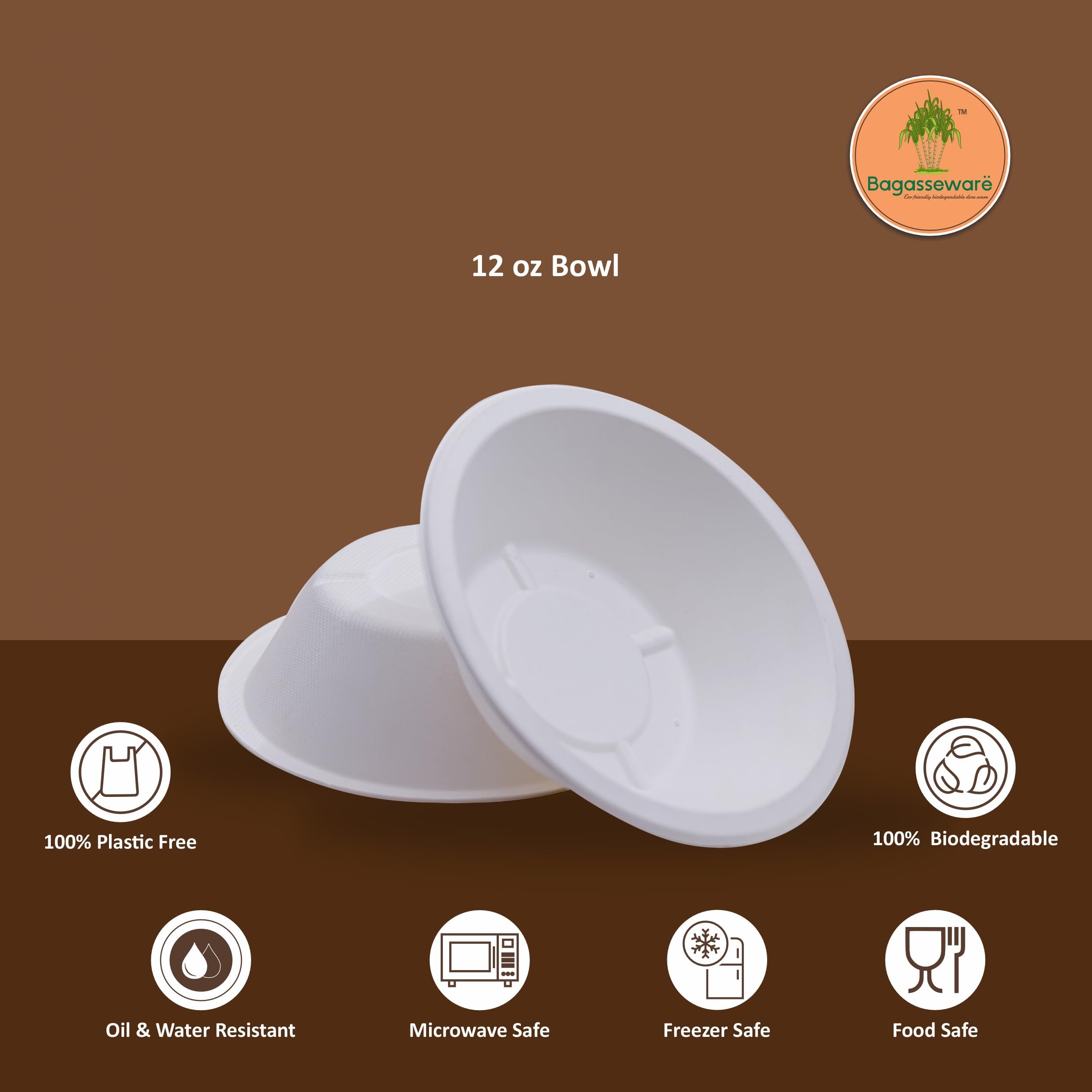 Compostable 12 oz Bowls - 150 Count | Heavy-Duty 3X Stronger Disposable Bowls | Biodegradable, Soak-Proof, Microwave & Freezer Safe | Eco-Friendly Tableware