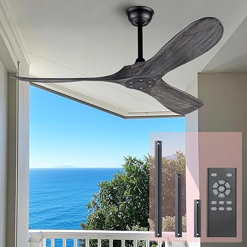 Ventiladores de techo de madera maciza sin luz, ventilador de techo de madera real de 52 pulgadas con control remoto y 3 cuchillas, ventilador de