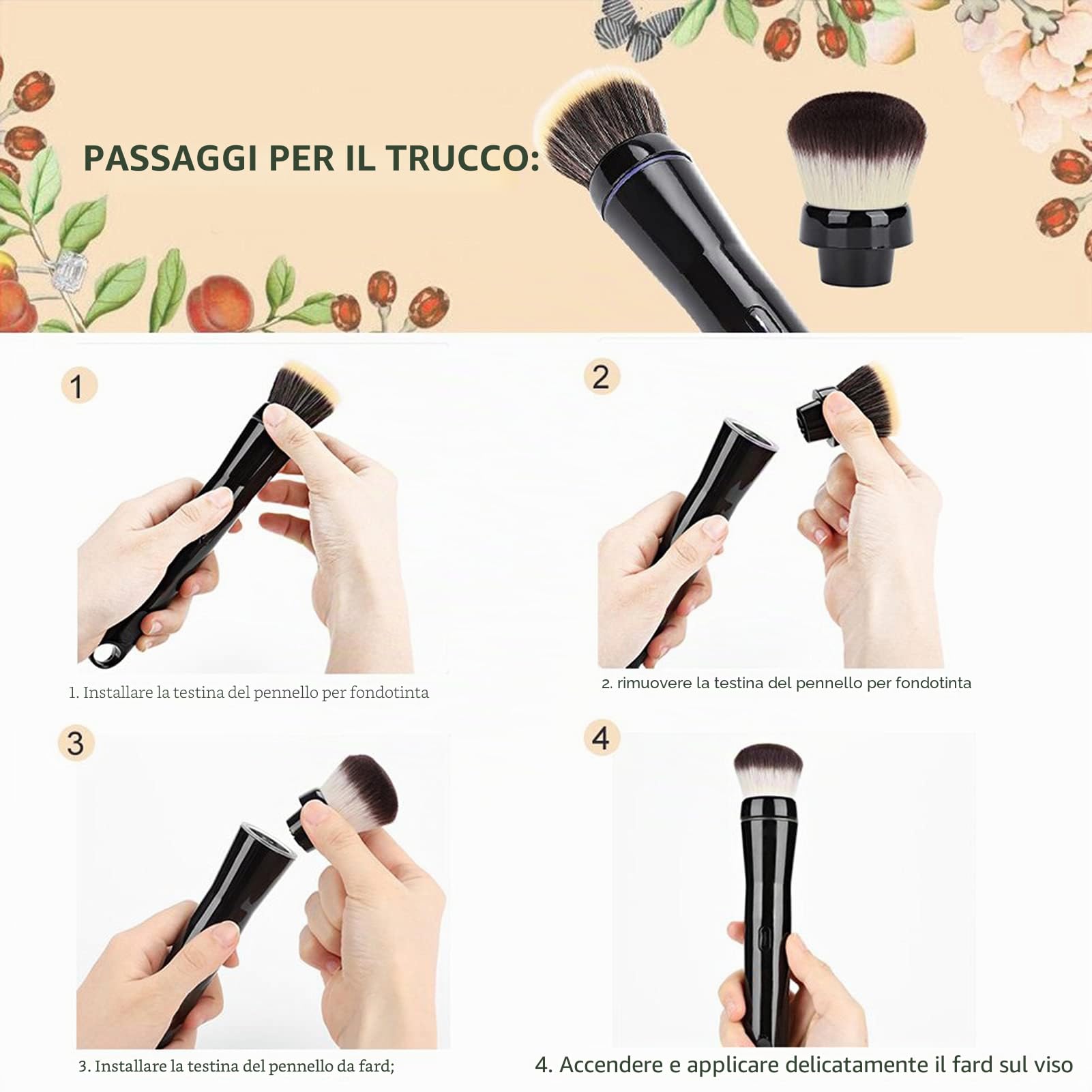 Pennello Elettrico per Trucco Pennello per Trucco Rotante Automatico con Testine per Fondotinta e Fard per Trucco a Base di Crema Liquida in Polvere per Tutti i Tipi di Pelle