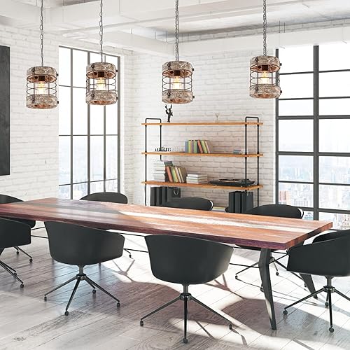 Miniatura 4 de wochos Lámpara de araña industrial retro de metal y madera, lámpara colgante de jaula redonda de 1 luz para cocina, isla, vestíbulo, pasillo, bar,