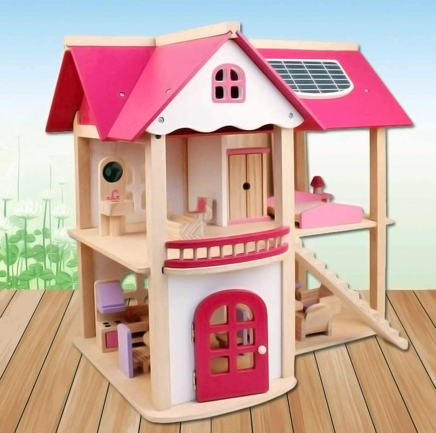 Toys UnclePretend Play Pink Wooden Dollhouse and Furniture Playset