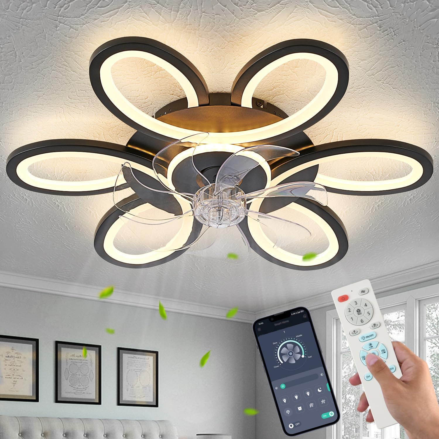 Black-Star ring Ceiling Fans with Lights and Remote, 27 Inch Modern Low Profile Flush Mount Ceiling Fan, Dimmable LED Ceiling Light Fixture, Small Ceiling Fans for Bedroom, Kitchen, Indoor-Black