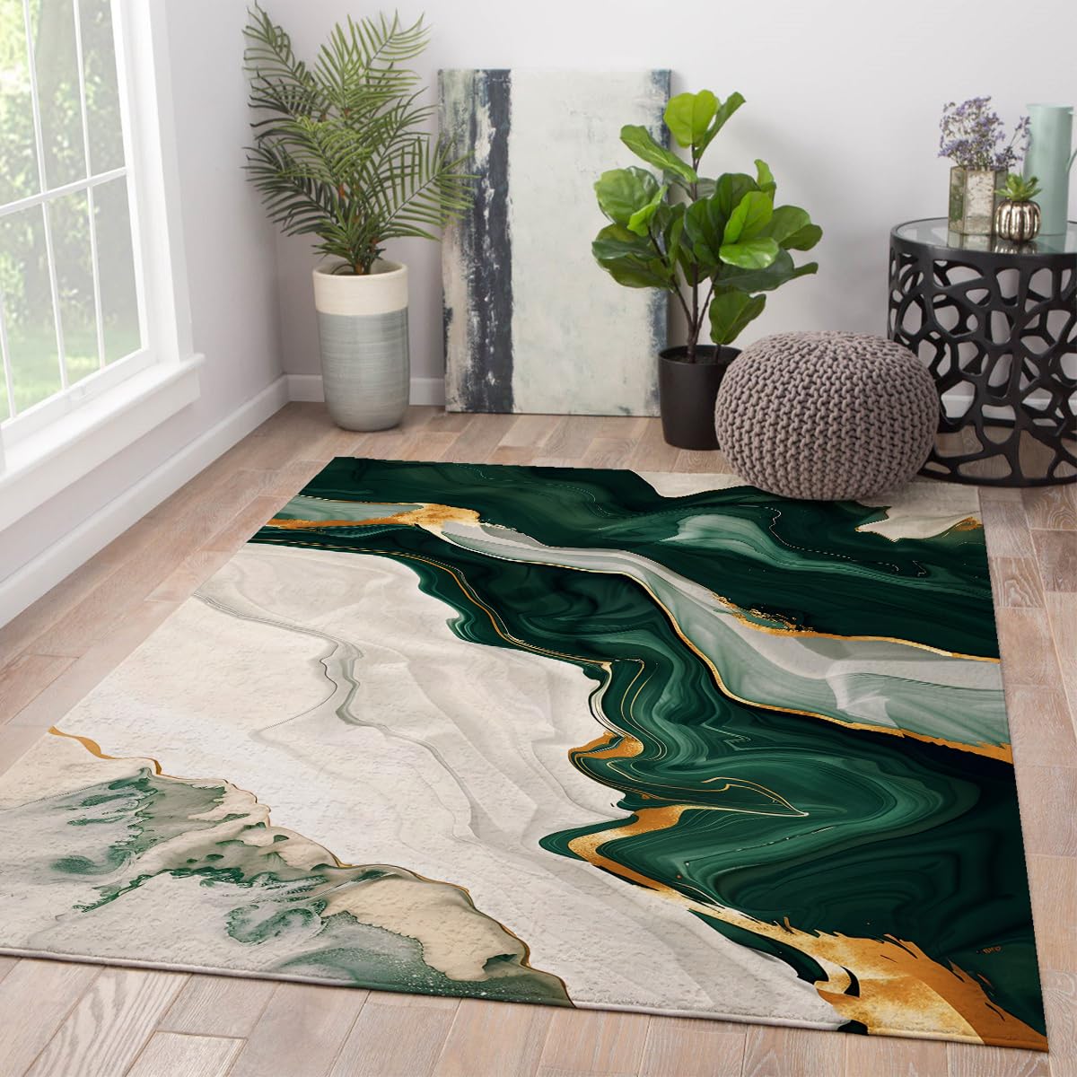 Tapis lavable 160x230cm salon moderne abstrait vert émeraude doré
